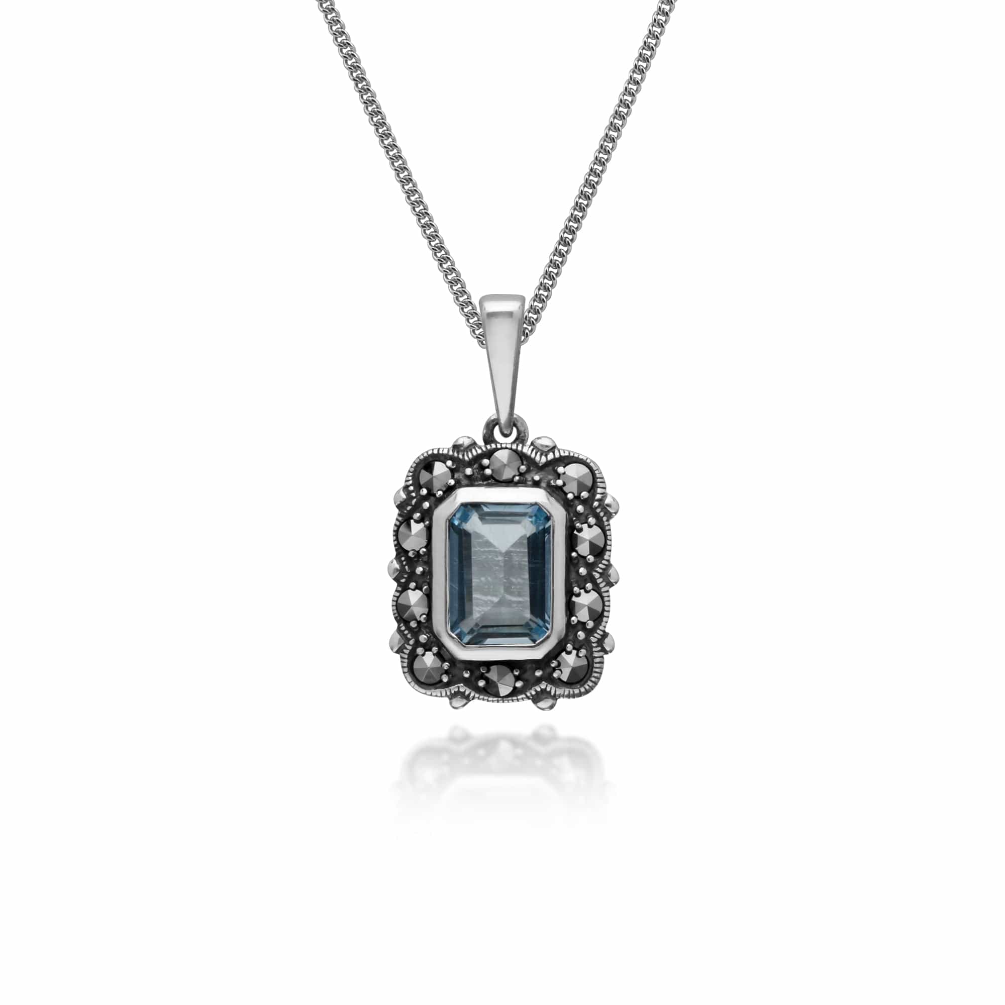 214P302701925 Art Deco Style Octagon Blue Topaz & Marcasite Pendant in 925 Sterling Silver 1