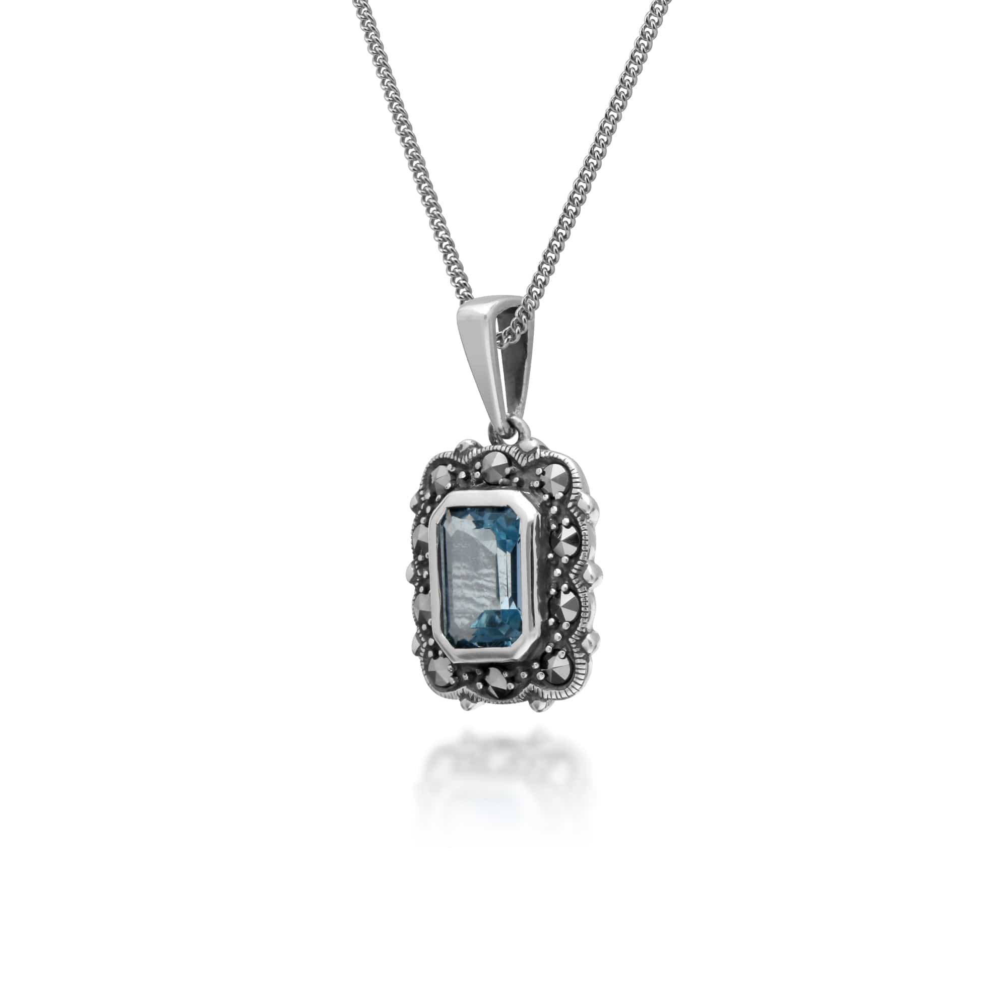 214P302701925 Art Deco Style Octagon Blue Topaz & Marcasite Pendant in 925 Sterling Silver 2