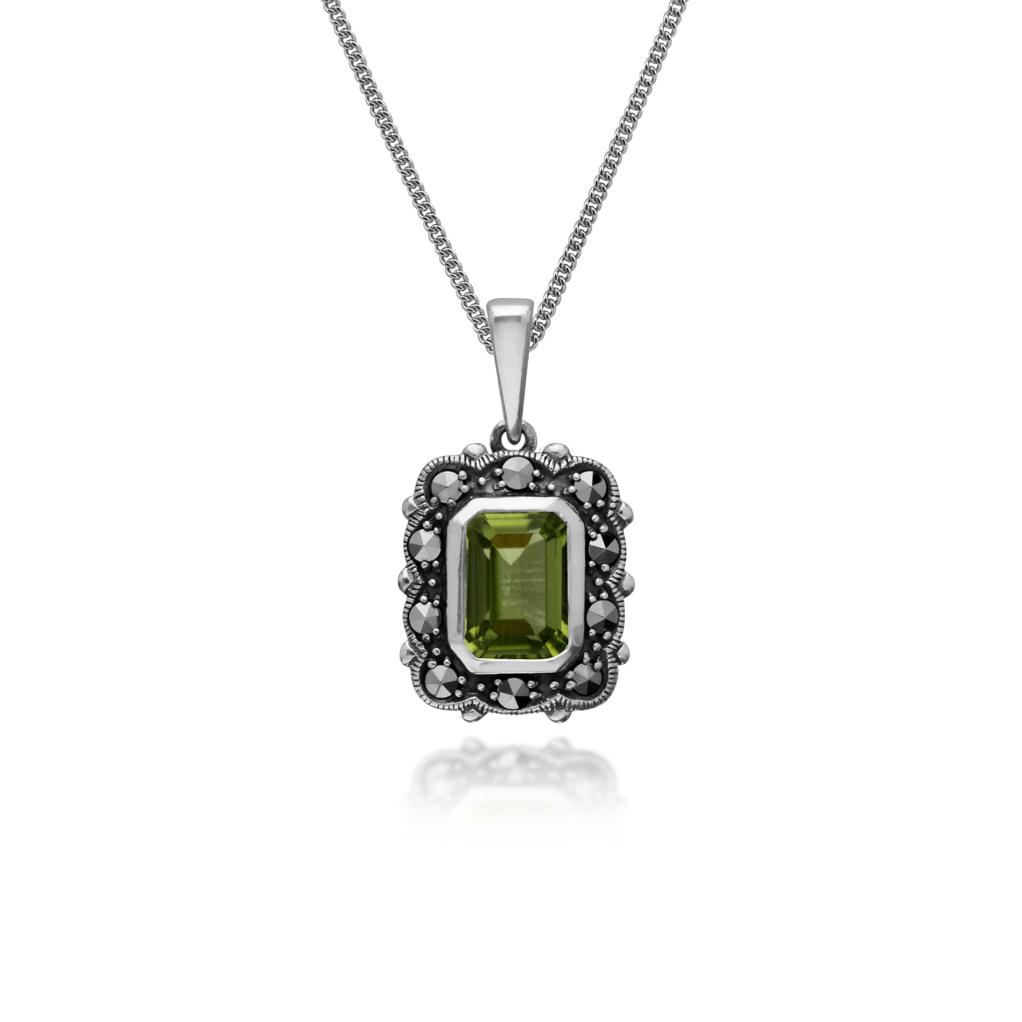 Art Deco Style Octagon Peridot & Marcasite Pendant in 925 Sterling Silver - Gemondo
