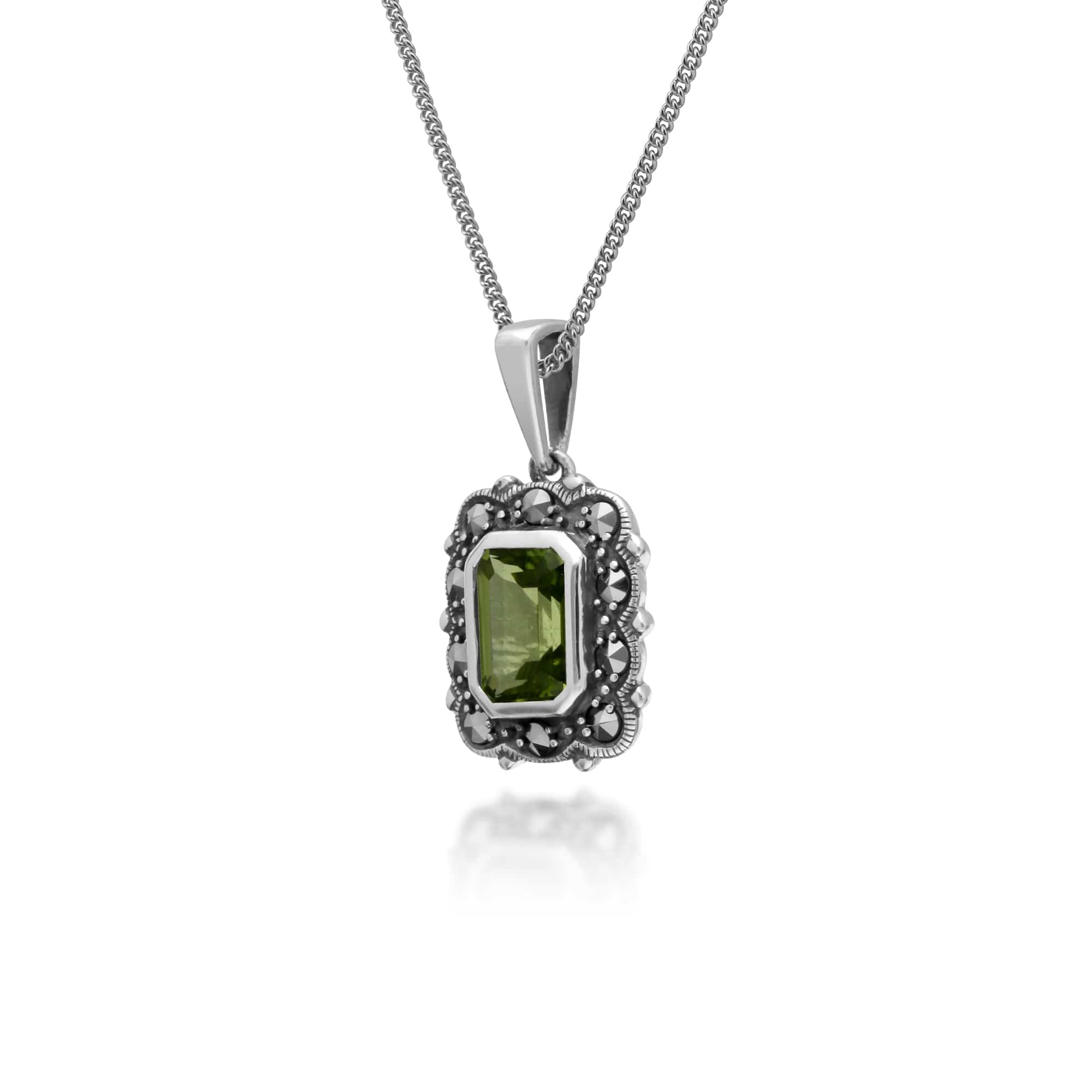 Art Deco Style Octagon Peridot & Marcasite Pendant in 925 Sterling Silver - Gemondo