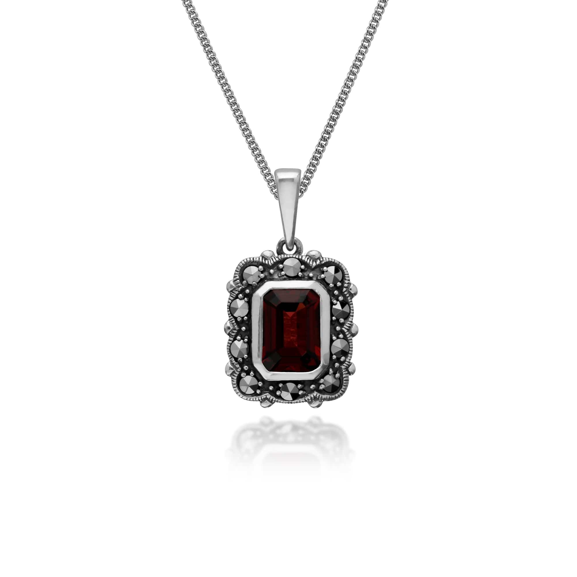 214P302704925 Art Deco Style Octagon Garnet & Marcasite Pendant in 925 Sterling Silver 1