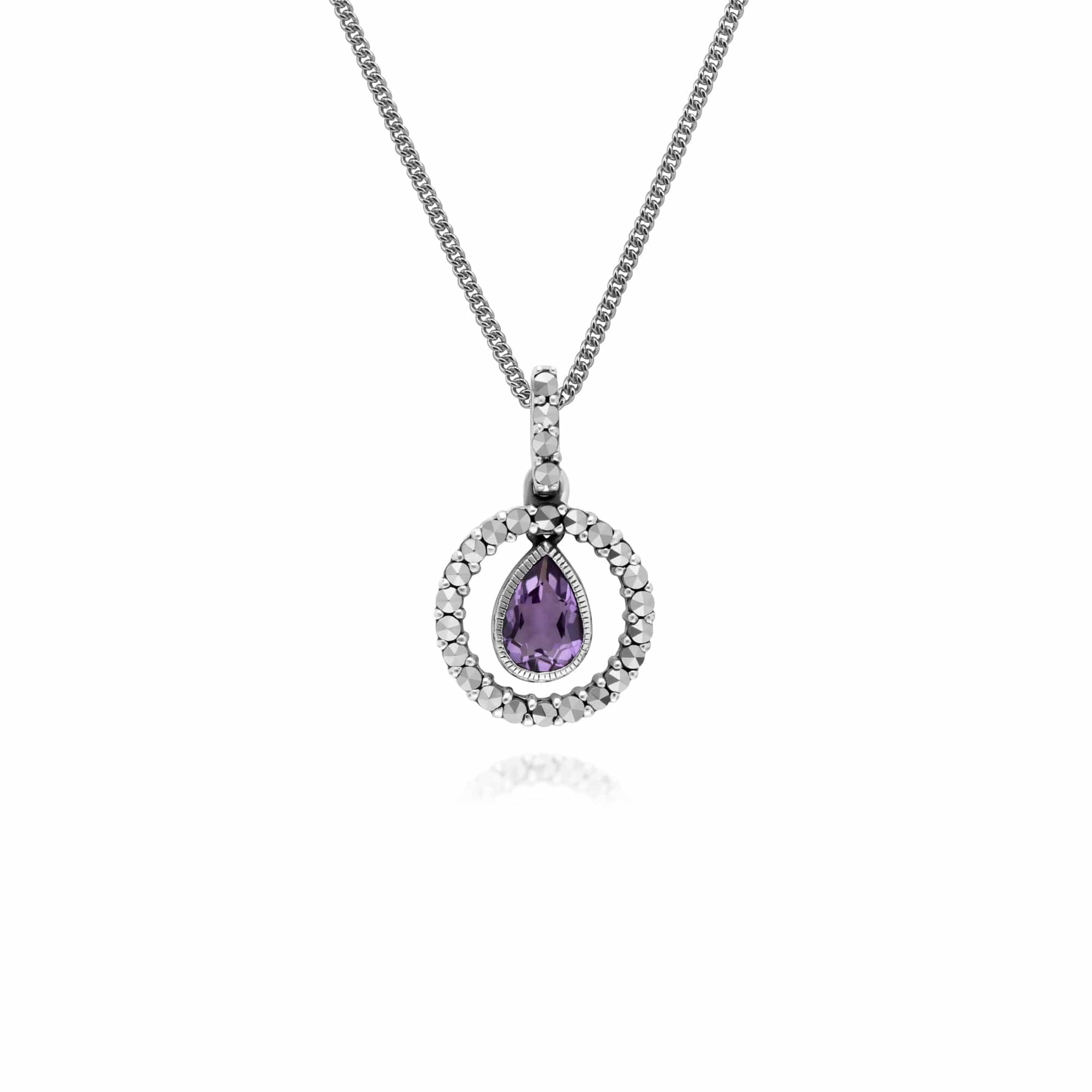 214E872805925-214P303204925 Classic Tear Drop Amethyst & Marcasite Drop Earrings & 45cm Necklace Set 3