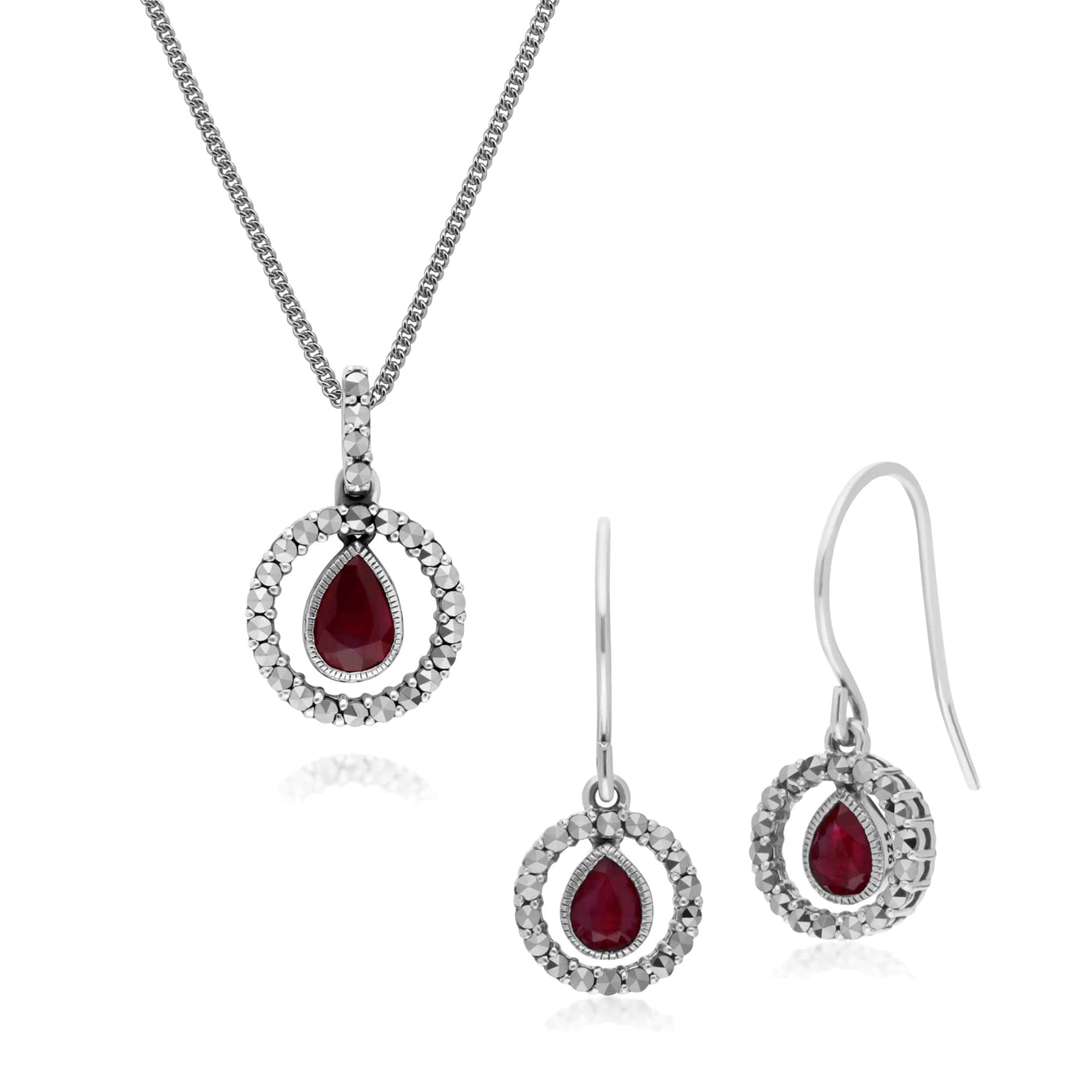 Classic Ruby & Marcasite Drop Earrings & Necklace Set Image 1