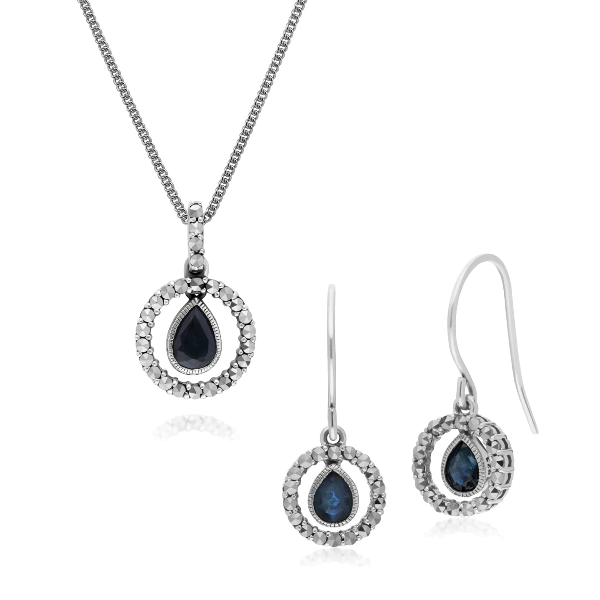 Classic Sapphire & Marcasite Drop Earrings & Necklace Set Image 1