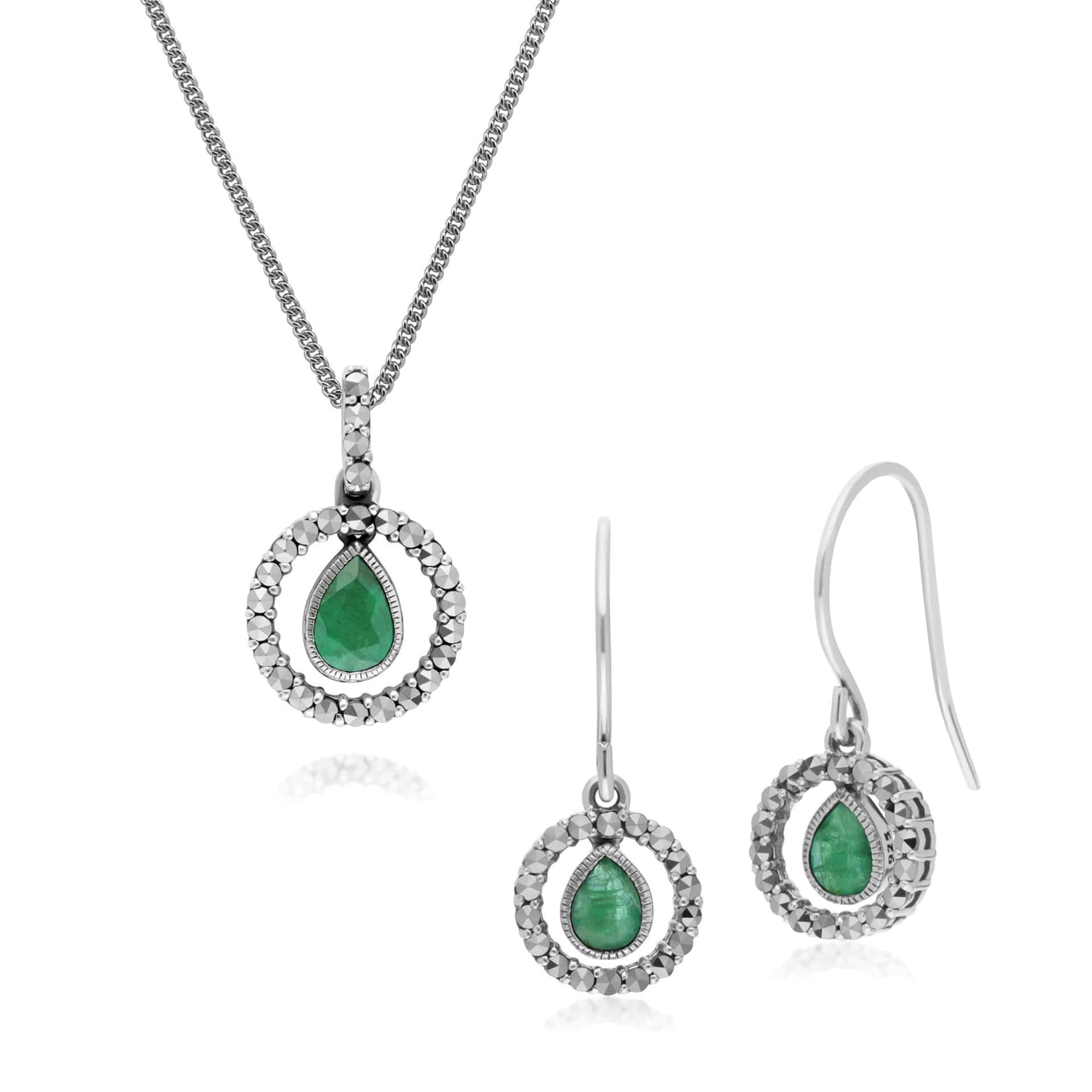 Classic Emerald & Marcasite Drop Earrings & Necklace Set Image 1