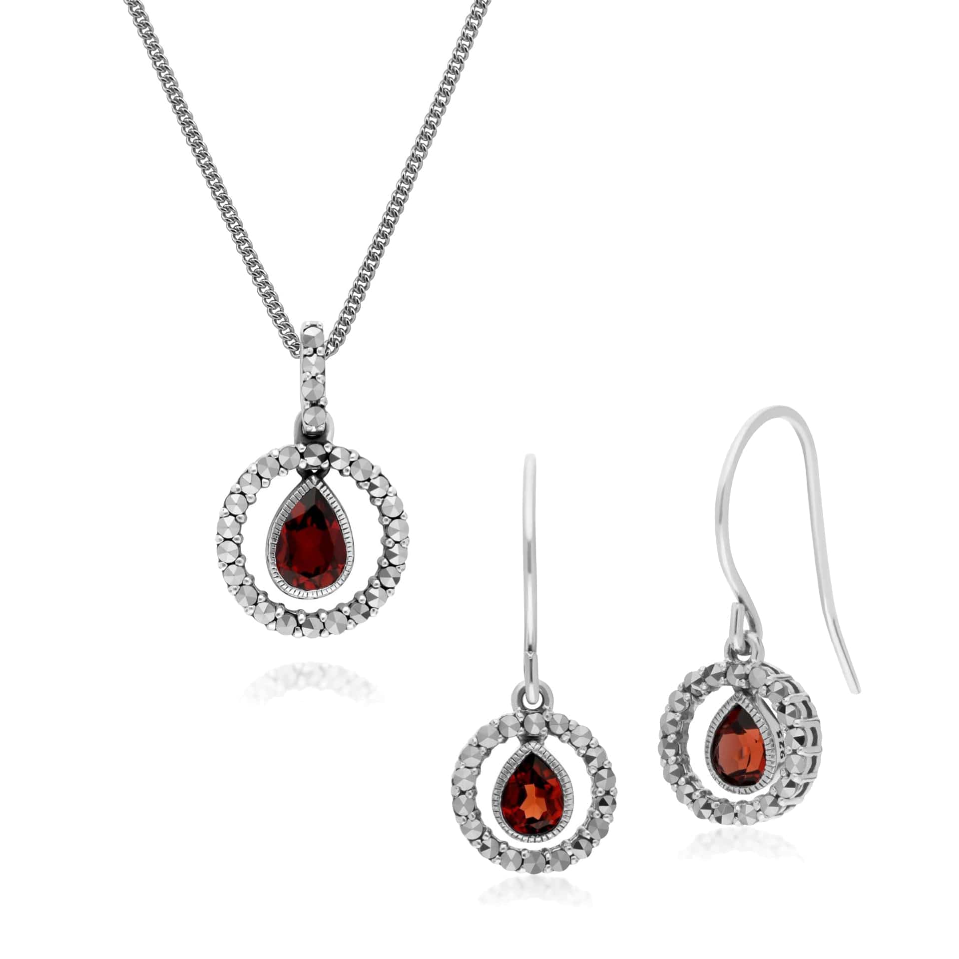 Classic Garnet & Marcasite Drop Earrings & Necklace Set Image 1