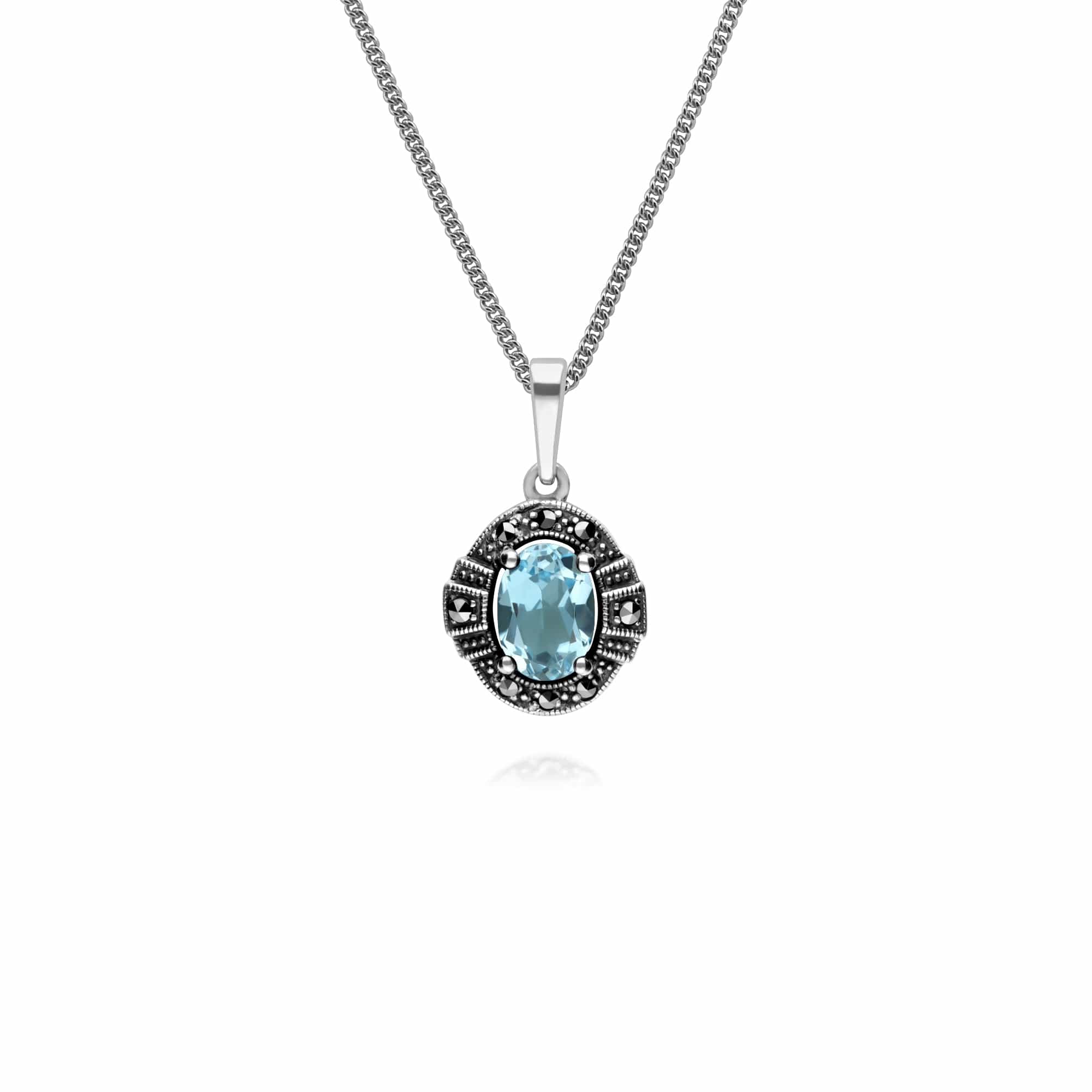 214P303301925-214R605701925 Art Deco Style Oval Blue Topaz and Marcasite Cluster Rings & Pendant Set in 925 Sterling Silver 2