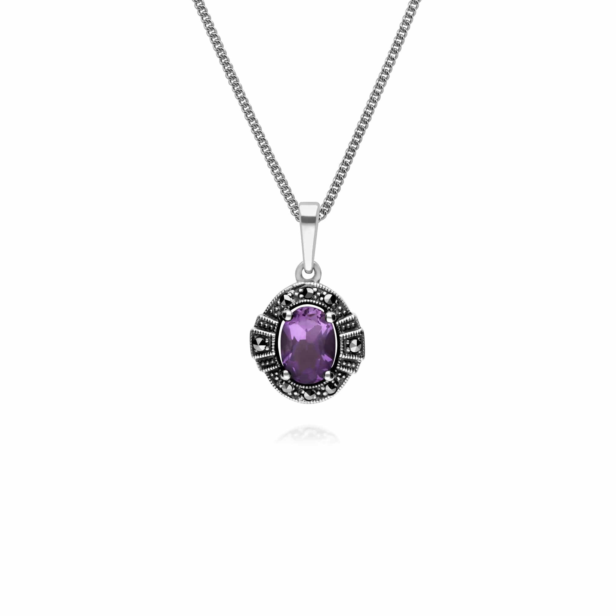 214P303302925-214R605702925 Art Deco Style Oval Amethyst and Marcasite Cluster Silver Ring & Pendant Set 2