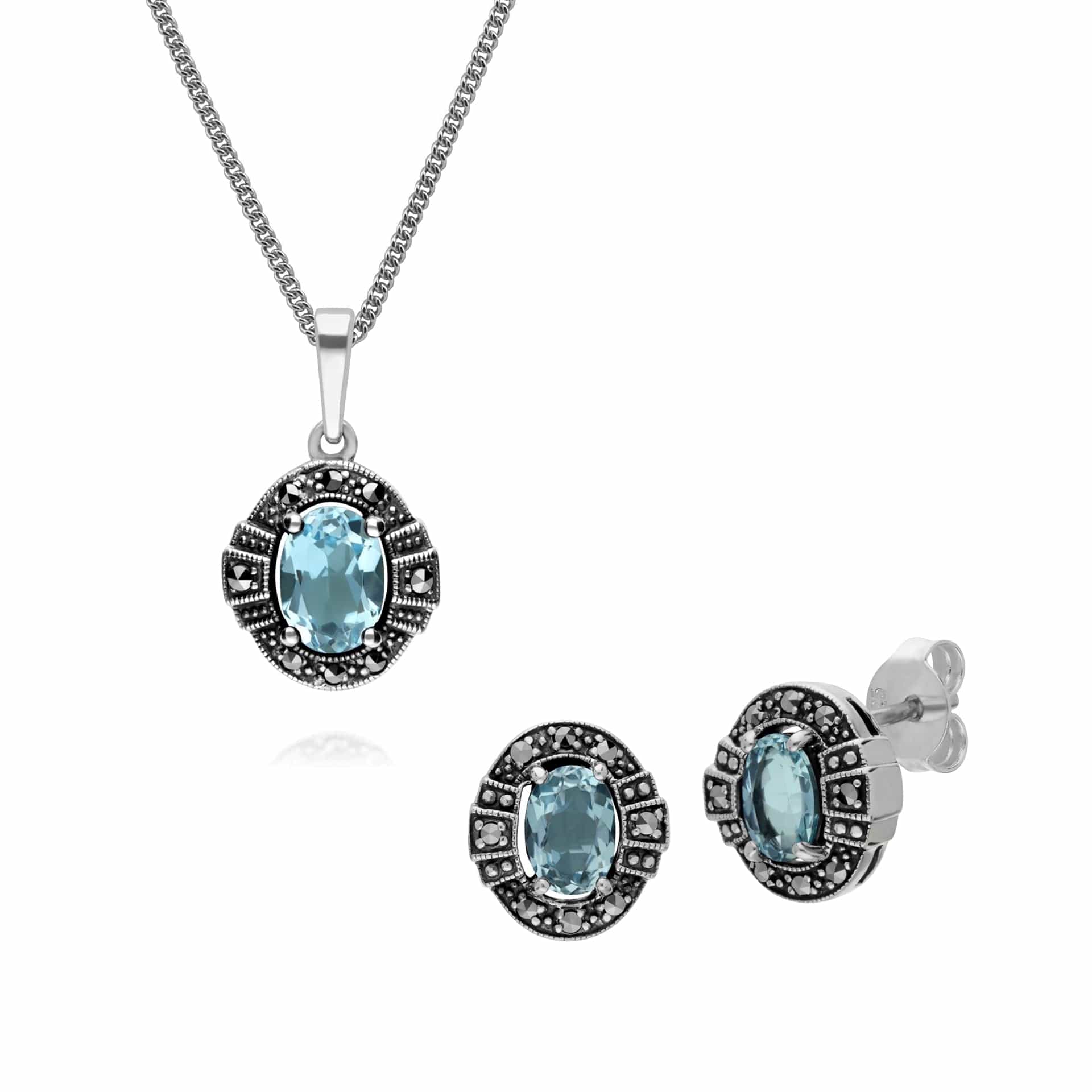 214E873001925-214P303301925 Art Deco Style Oval Blue Topaz and Marcasite Cluster Stud Earrings & Pendant Set in 925 Sterling Silver 1