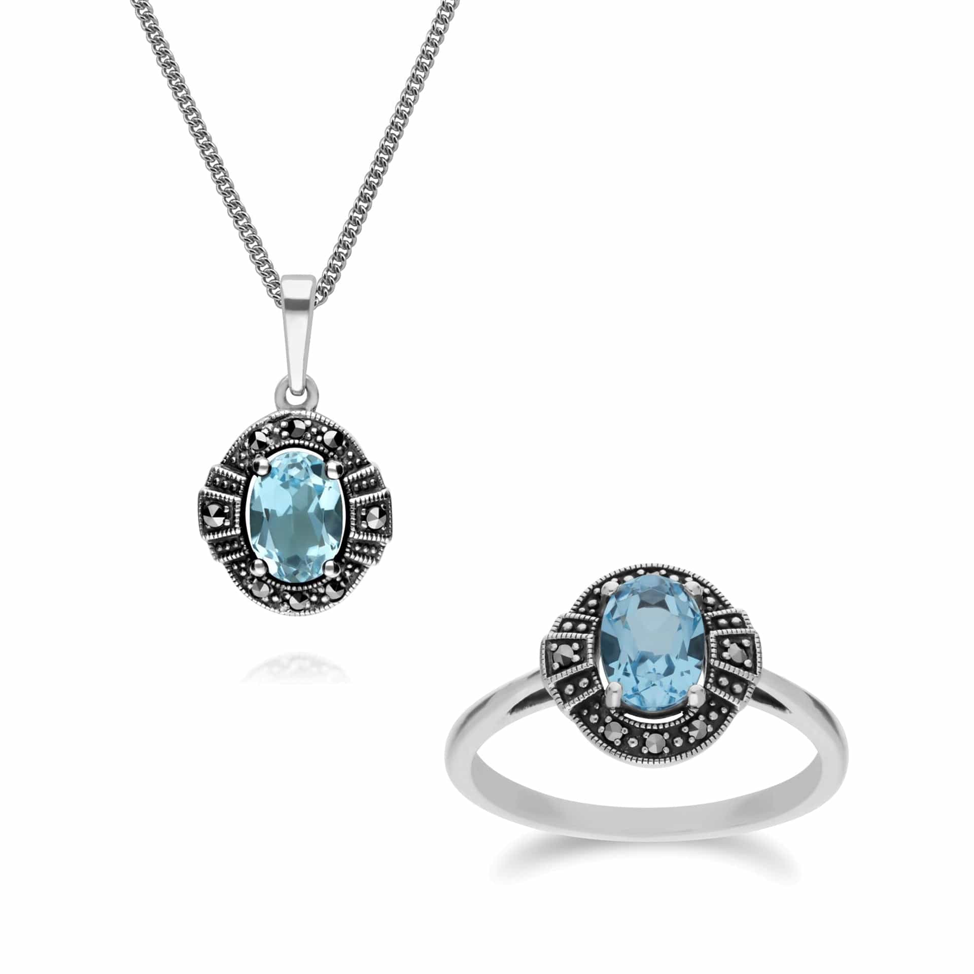 214P303301925-214R605701925 Art Deco Style Oval Blue Topaz and Marcasite Cluster Rings & Pendant Set in 925 Sterling Silver 1