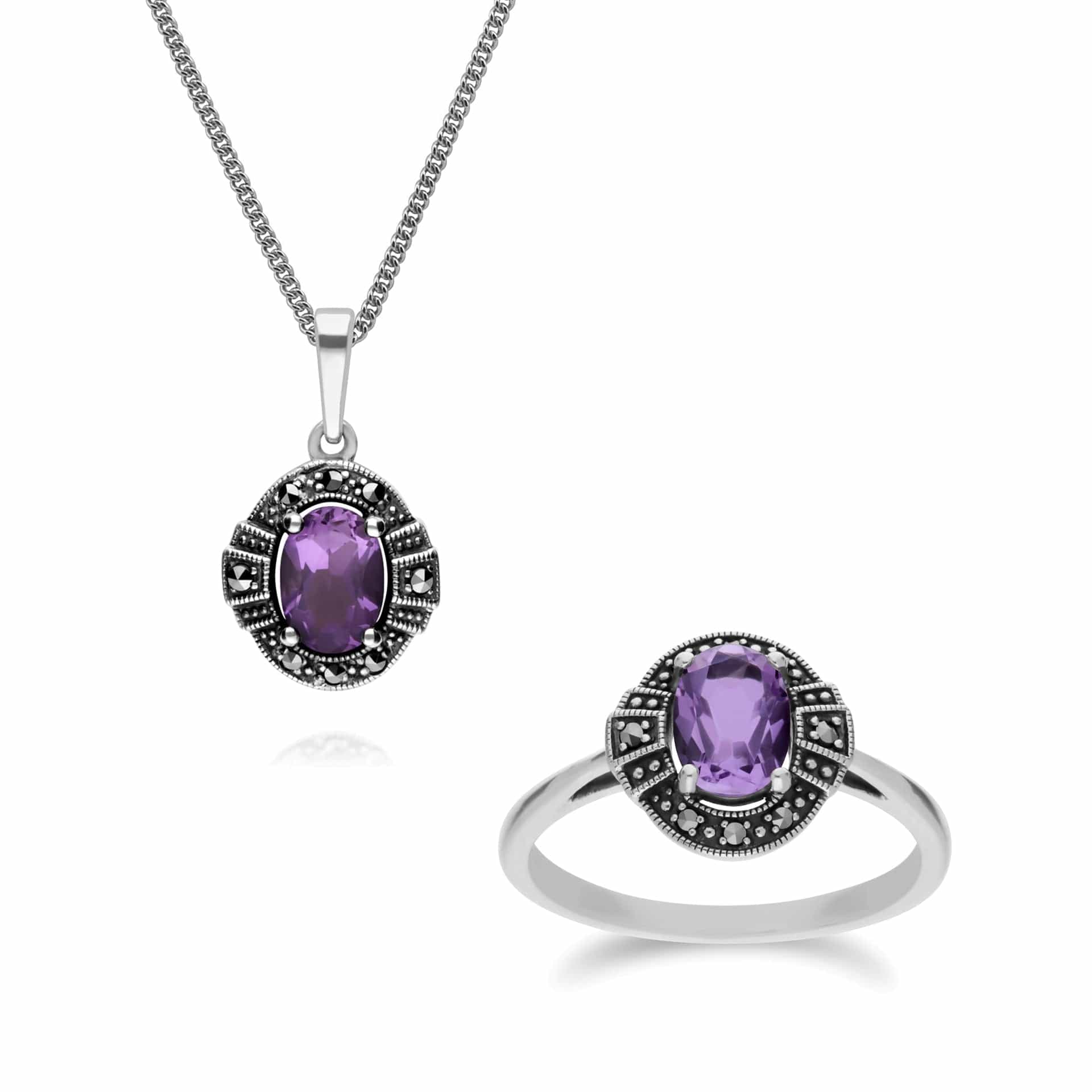 214P303302925-214R605702925 Art Deco Style Oval Amethyst and Marcasite Cluster Silver Ring & Pendant Set 1