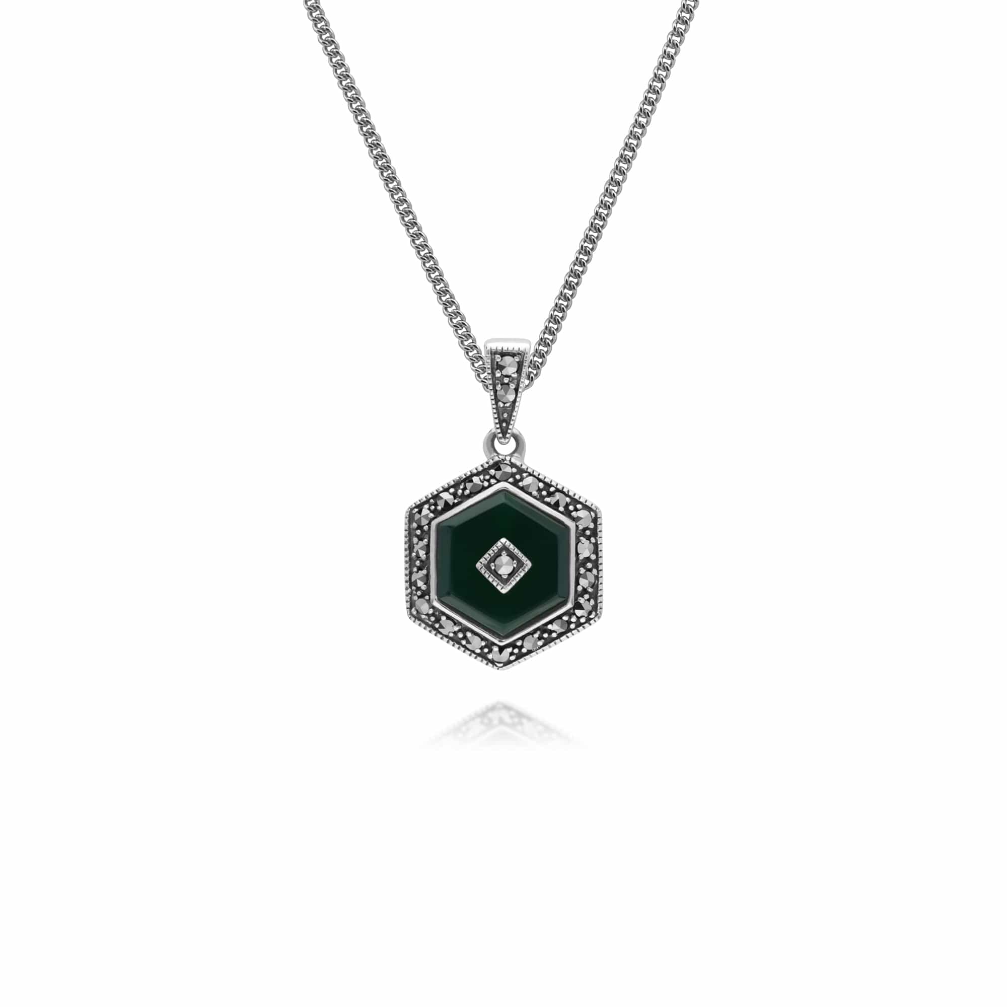 214P303501925 Art Deco Style Hexagon Dyed Green Chalcedony & Round Marcasite Pendant in 925 Sterling Silver 1