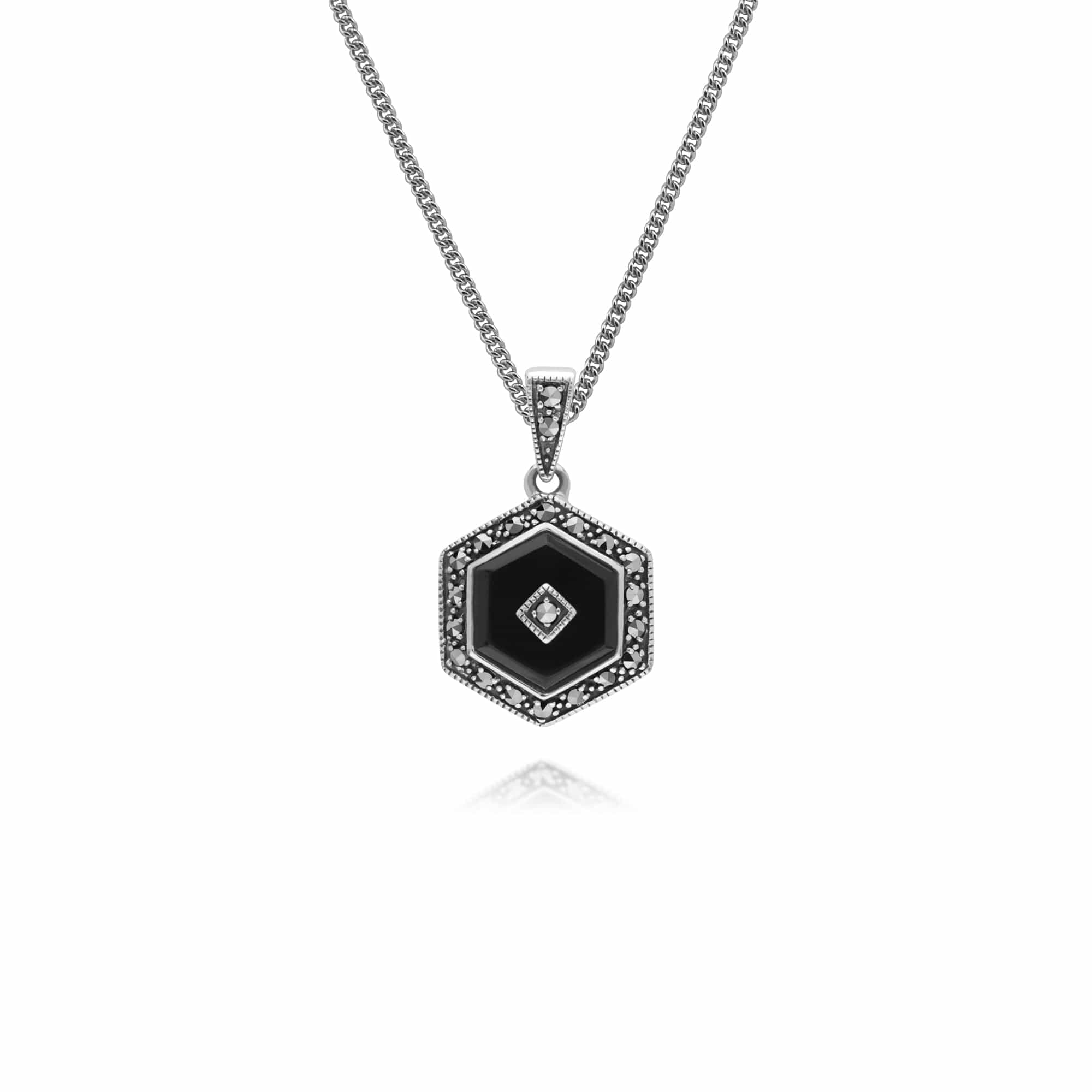 Art Deco Style Hexagon Black Onyx & Round Marcasite Pendant in 925 Sterling Silver - Gemondo
