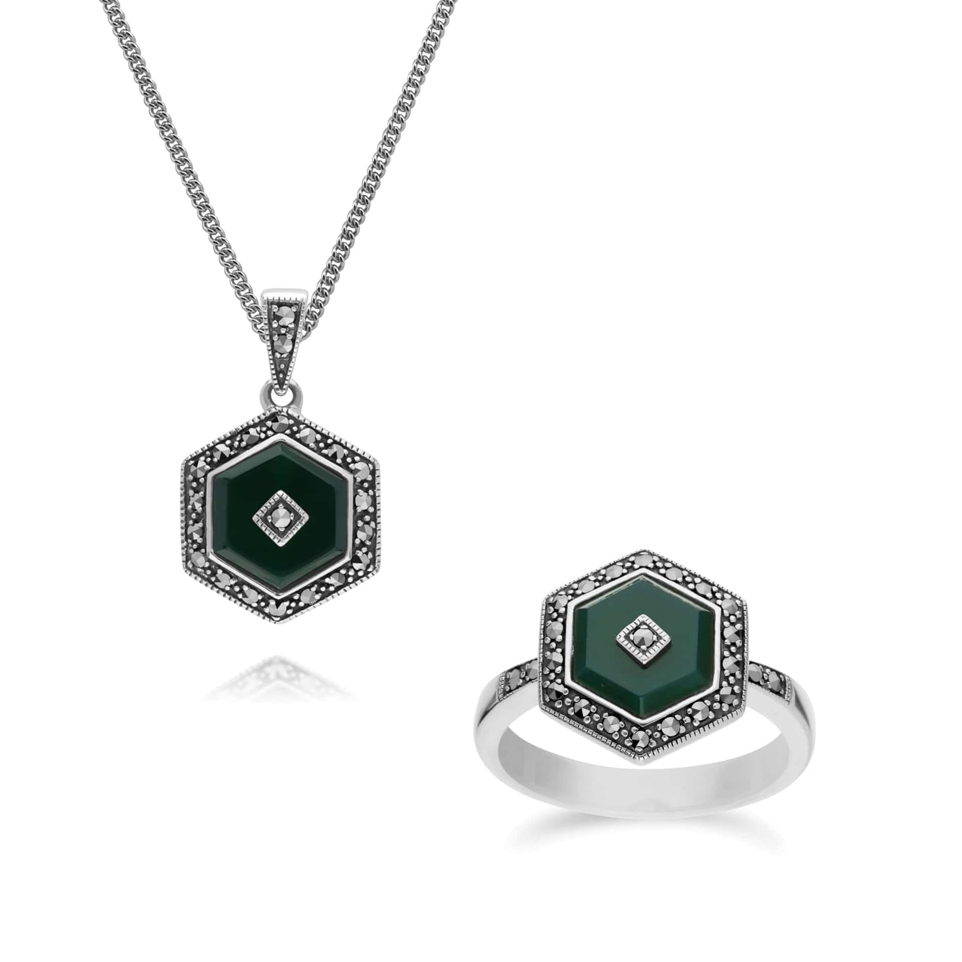 Art Deco Chalcedony Hexagon Pendant & Ring Set Image 1