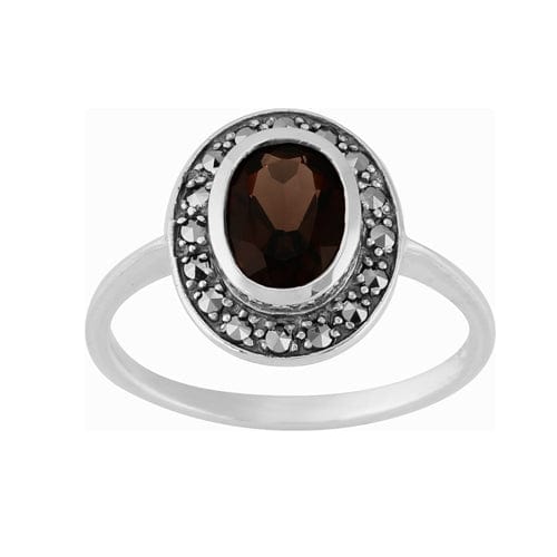 Art Deco Style Smokey Quartz & Marcasite Ring 925 Sterling