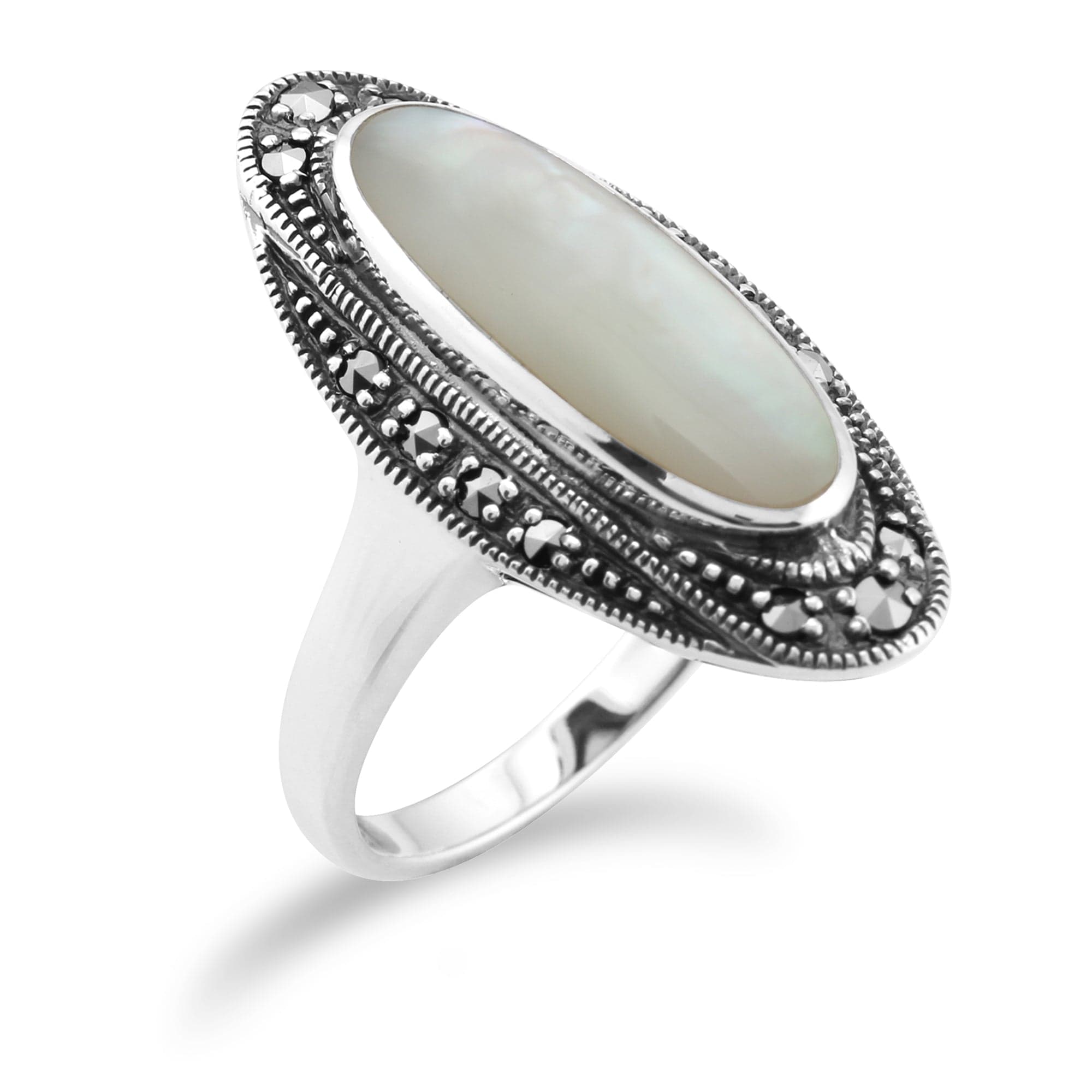 Art Deco Style Mother of Pearl Cabochon & Marcasite Ring in 925 Sterling Silver  - Gemondo