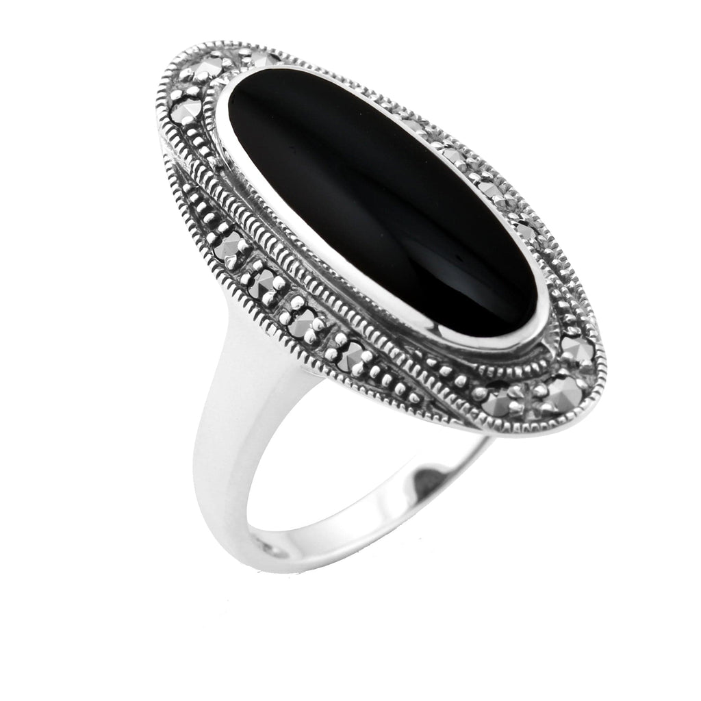 Art Deco Style Onyx Cabochon & Marcasite Ring 925 Sterling Silver