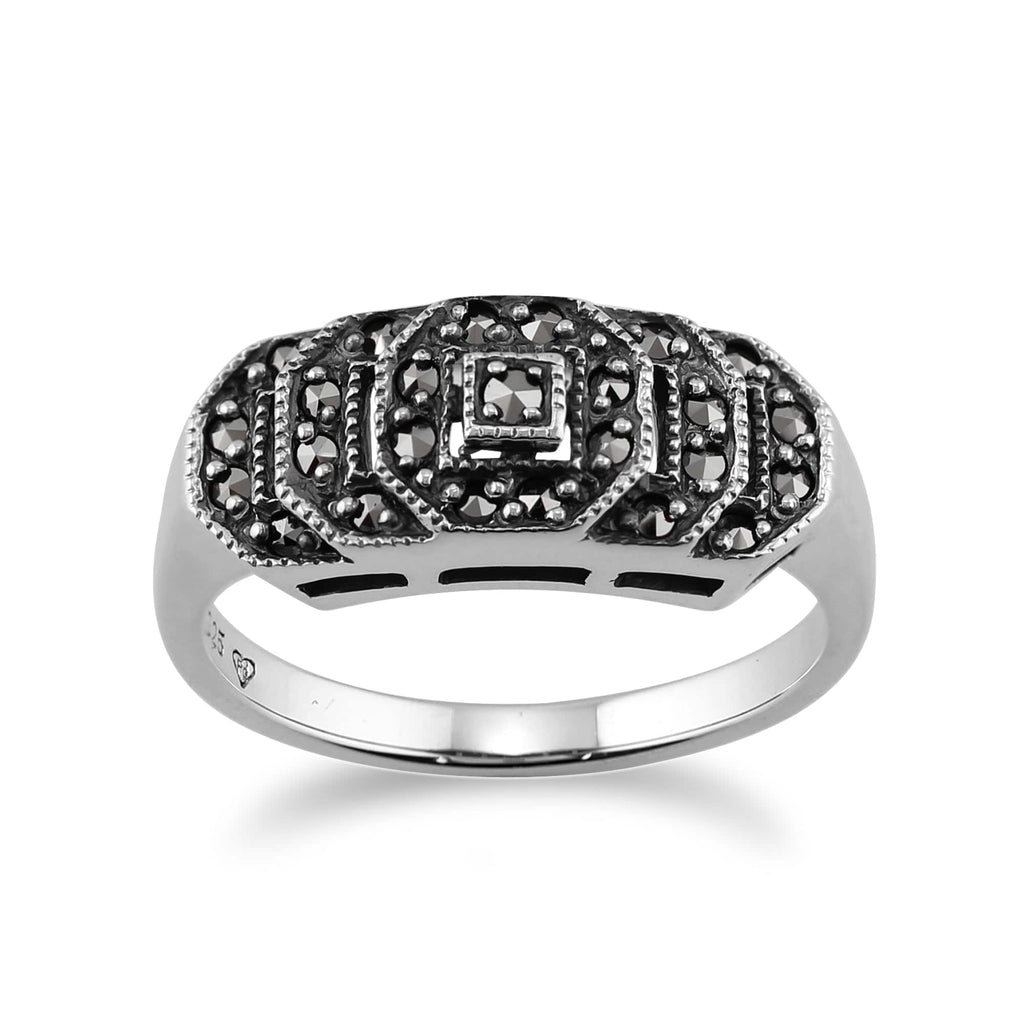 Art Deco Style Round Marcasite Stepped Ring 925 Sterling