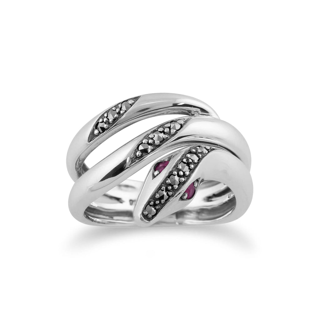 Art Nouveau Style Round Ruby & Marcasite Snake Ring 925 Sterling