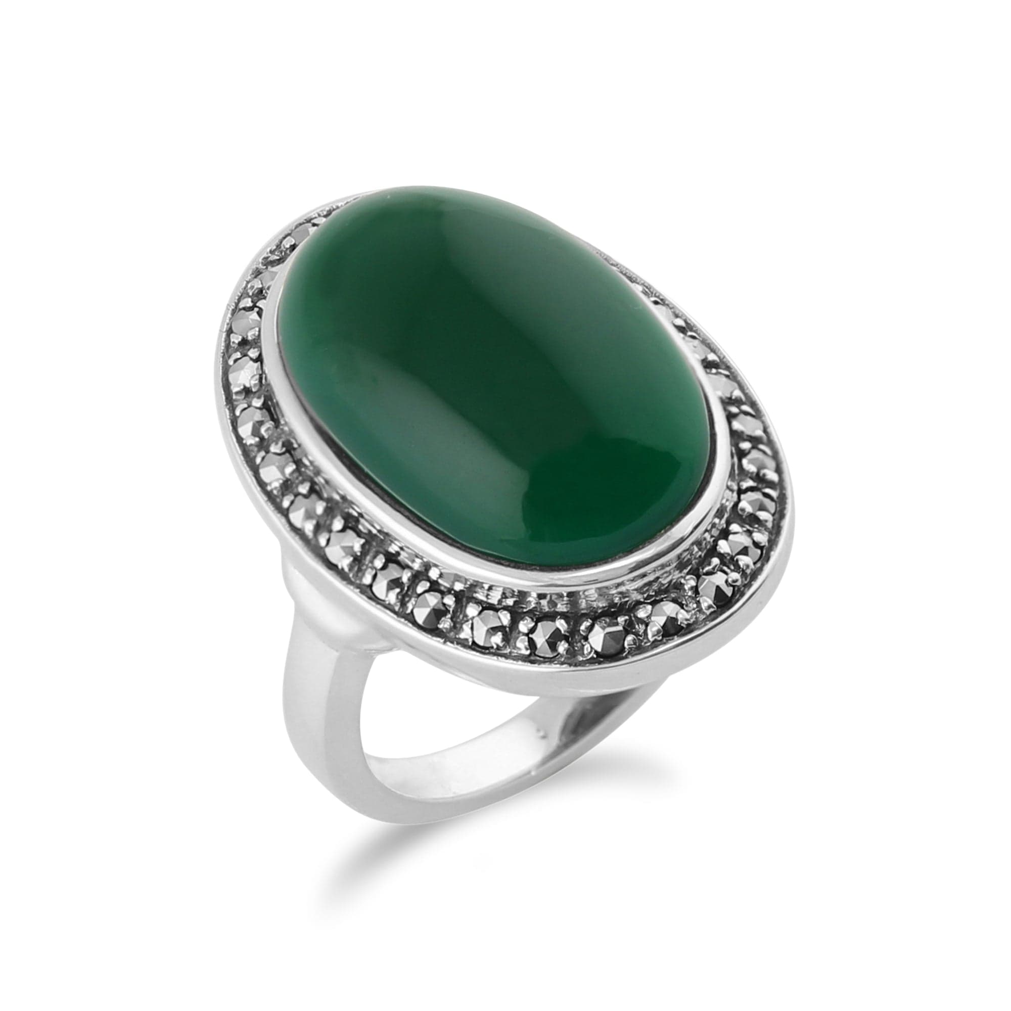 214R072907925 Green Chalcedony Sparkling Marcasite Oval Ring in 925 Sterling Silver 2