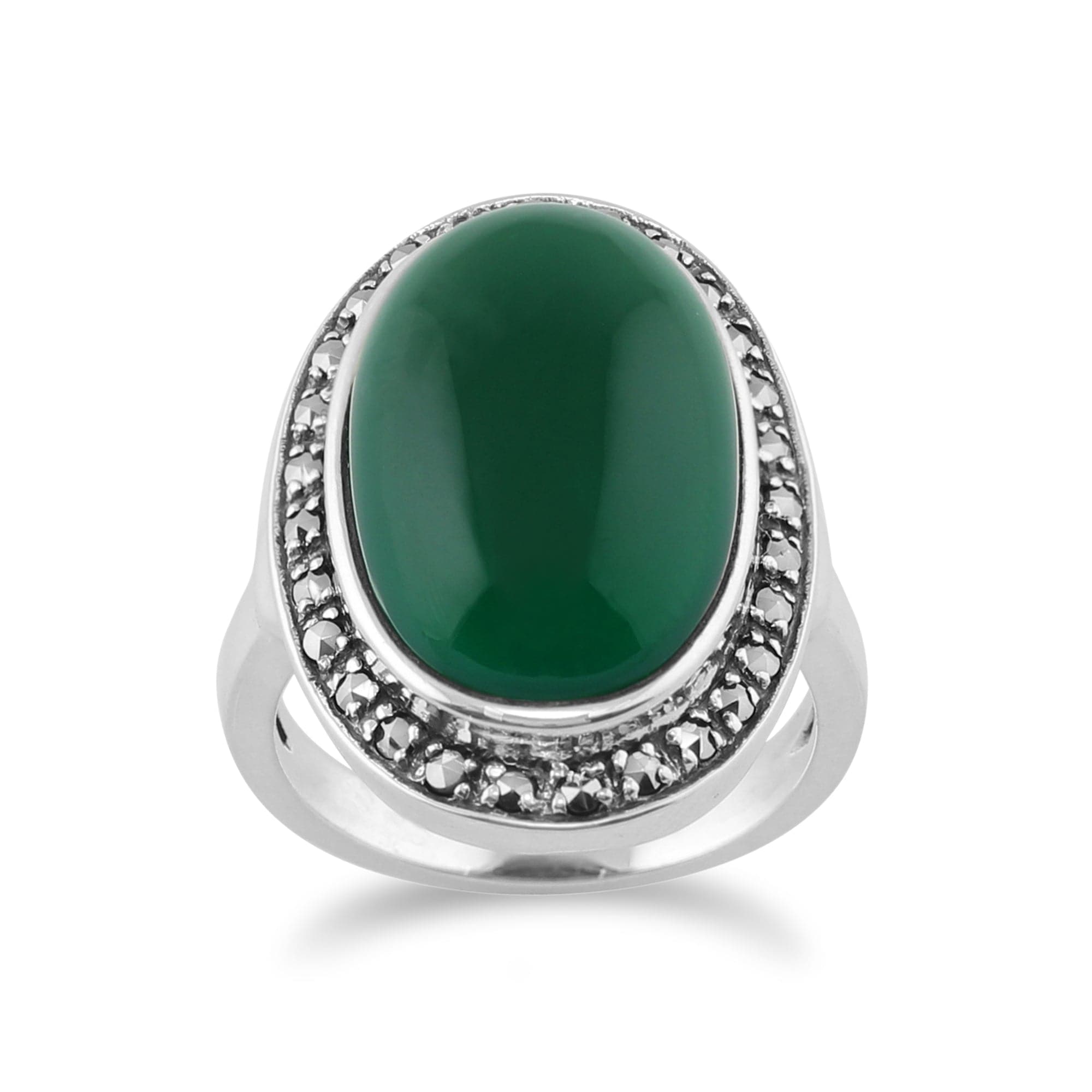 Green Chalcedony Sparkling Marcasite Oval Ring in 925 Sterling Silver  Image 1
