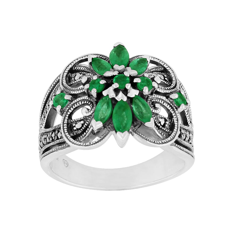 Art Nouveau Style Marquise Emerald & Marcasite Floral Silver Cocktail Ring - Gemondo