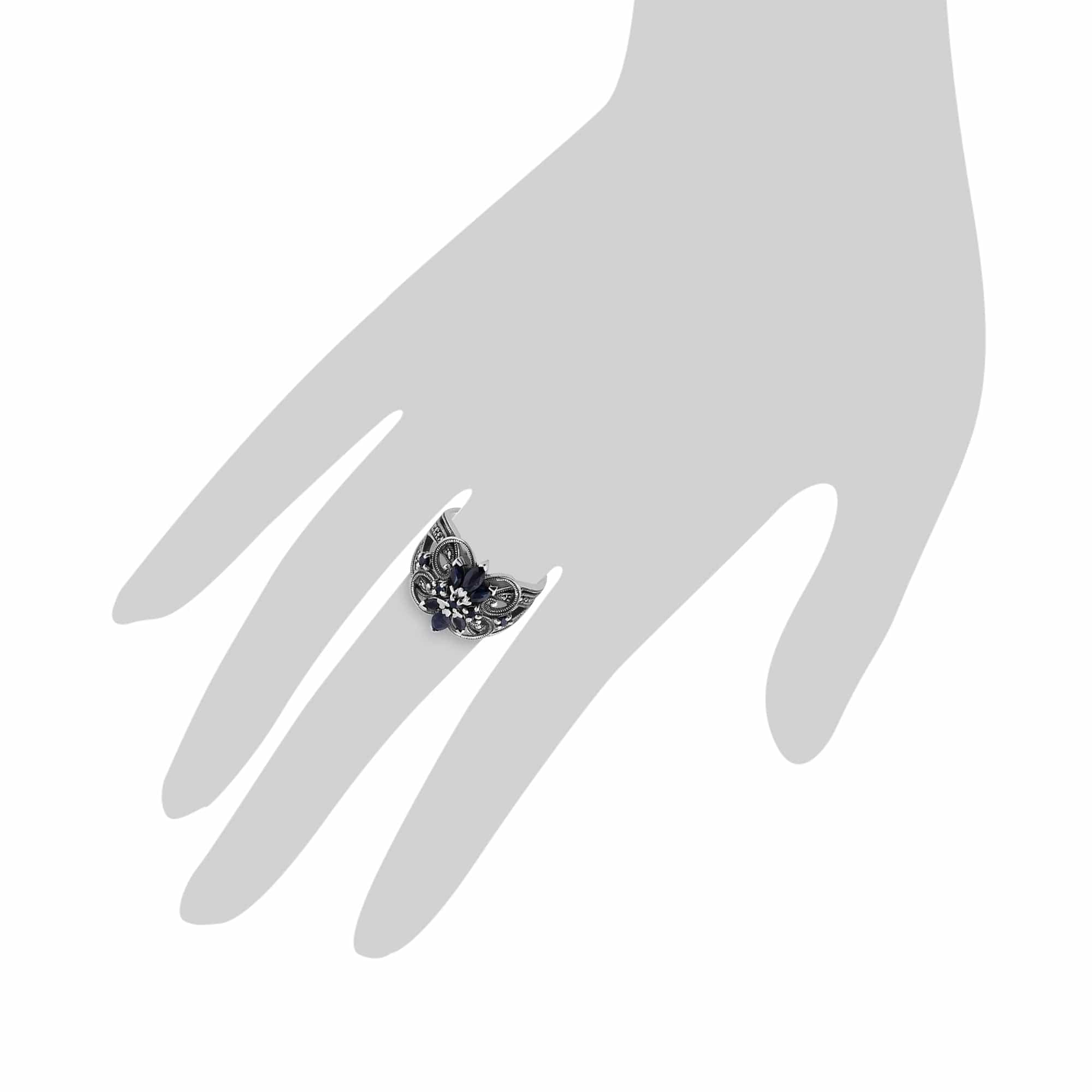 Art Nouveau Marquise Sapphire & Marcasite Ring in 925 Sterling Silver