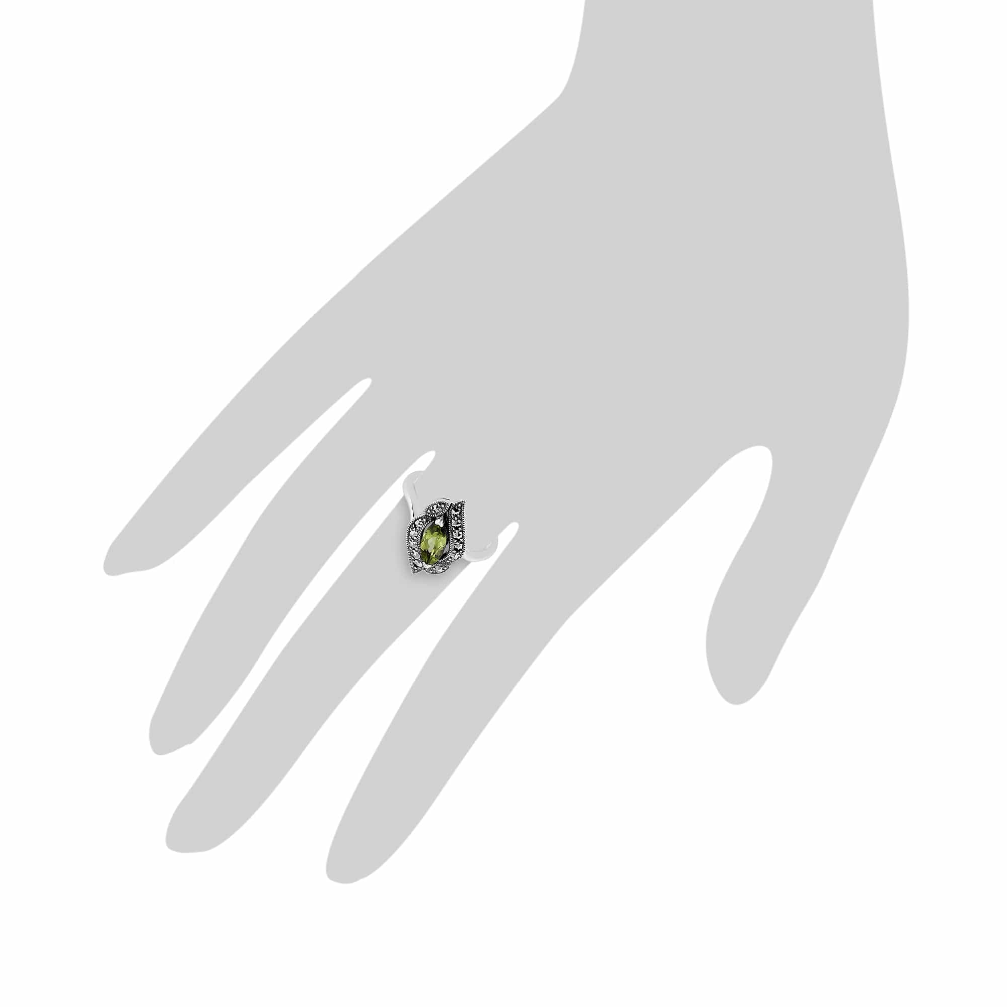 Art Nouveau Style Marquise Peridot & Marcasite Silver Ring - Gemondo