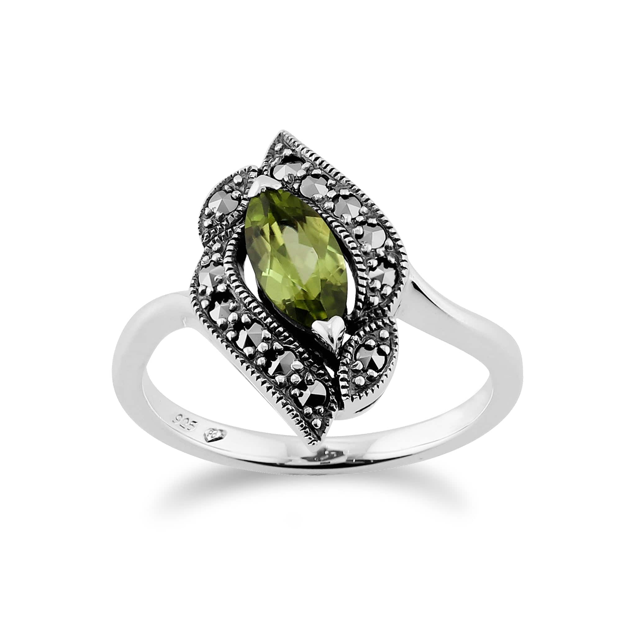Art Nouveau Style Marquise Peridot & Marcasite Silver Ring - Gemondo