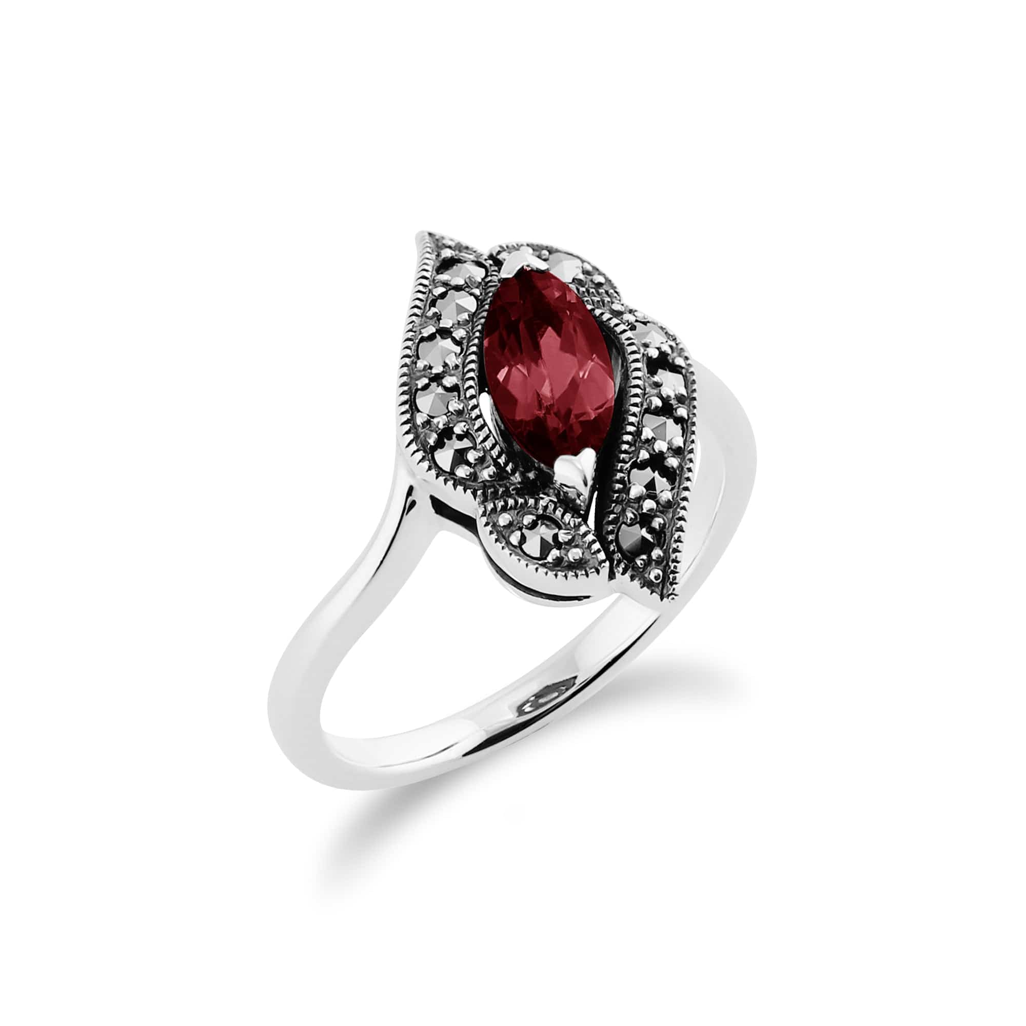 Art Nouveau Style Marquise Garnet & Marcasite Ring in 925 Sterling Silver - Gemondo