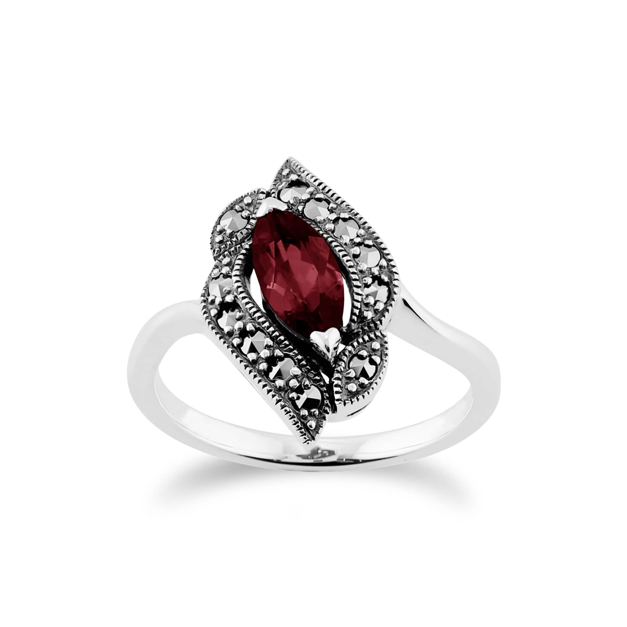 Art Nouveau Style Marquise Garnet & Marcasite Ring in 925 Sterling Silver - Gemondo