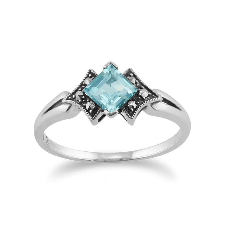 Art Deco Style Square Blue Topaz & Marcasite Ring in 925 Sterling Silver - Gemondo