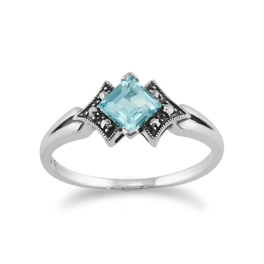 Art Deco Style Square Topaz & Marcasite Ring 925 Sterling Silver