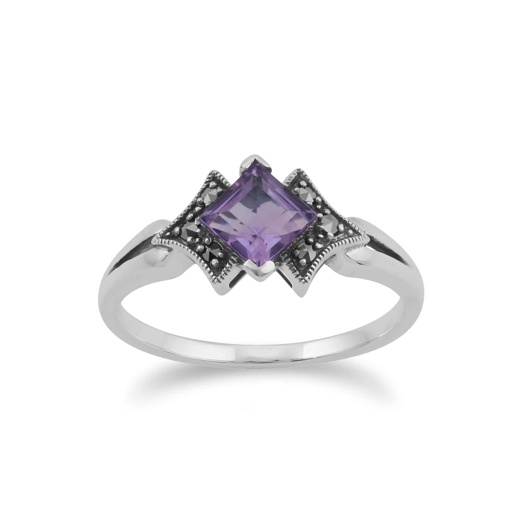 Art Deco Style Square Amethyst & Marcasite Ring 925 Sterling