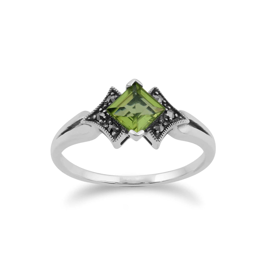 Art Deco Style Square Peridot & Marcasite Ring 925 Sterling
