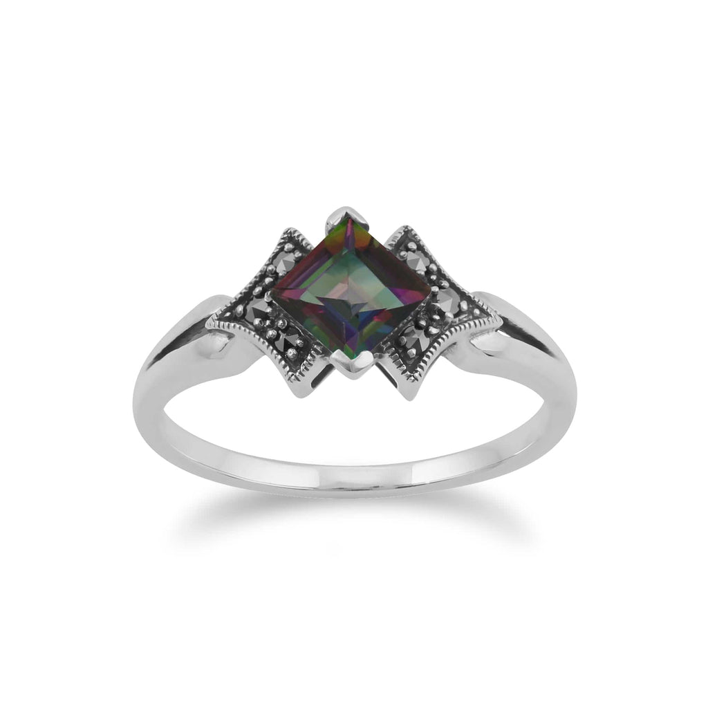 Art Deco Style Square Mystic Topaz & Marcasite Ring 925 Sterling