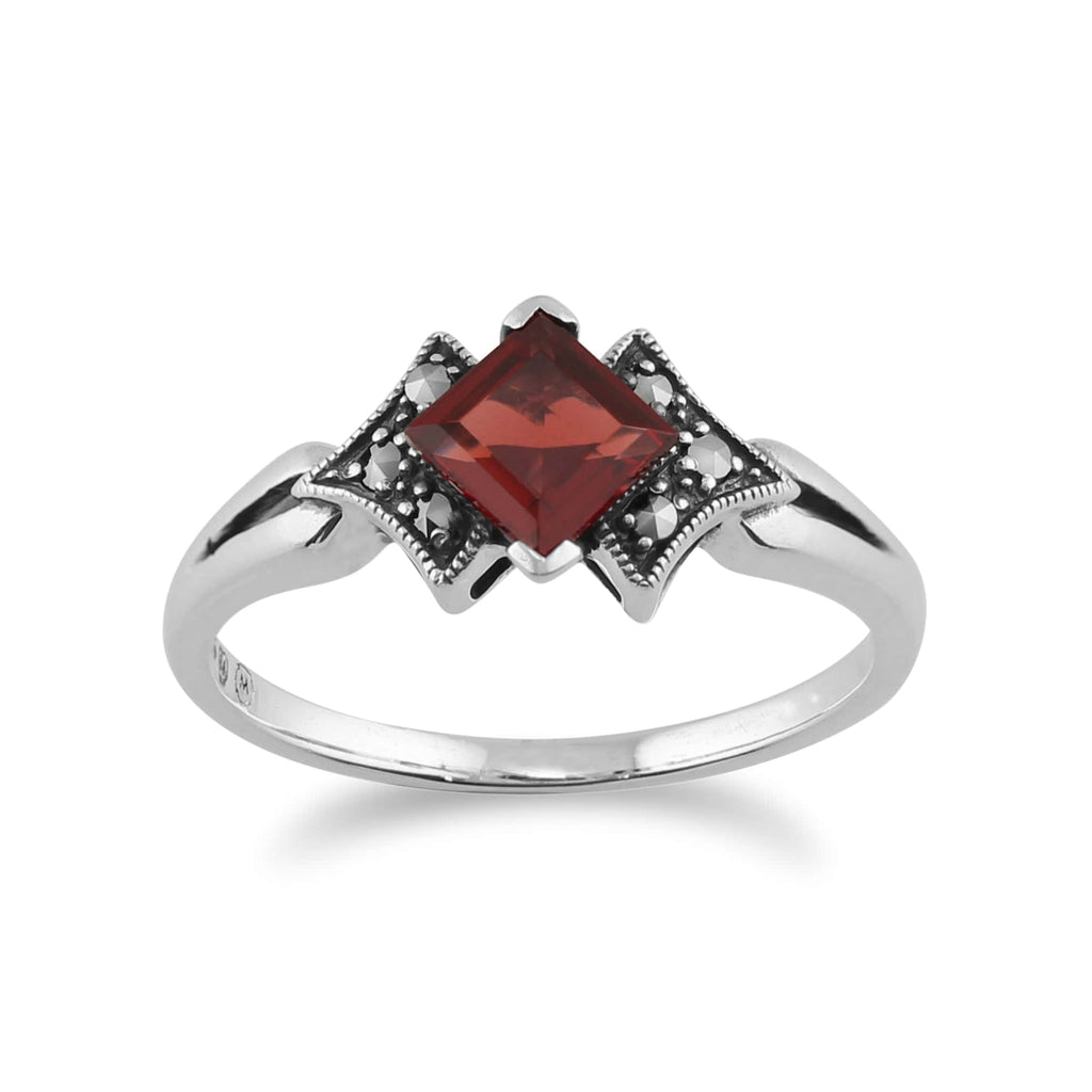 Art Deco Style Square Garnet & Marcasite Ring 925 Sterling