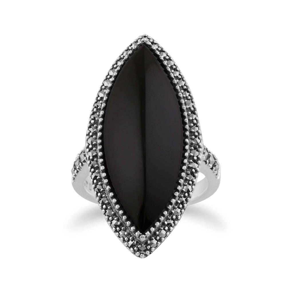 Art Deco Style Marquise Onyx & Marcasite Statement Ring 925 Sterling Silver