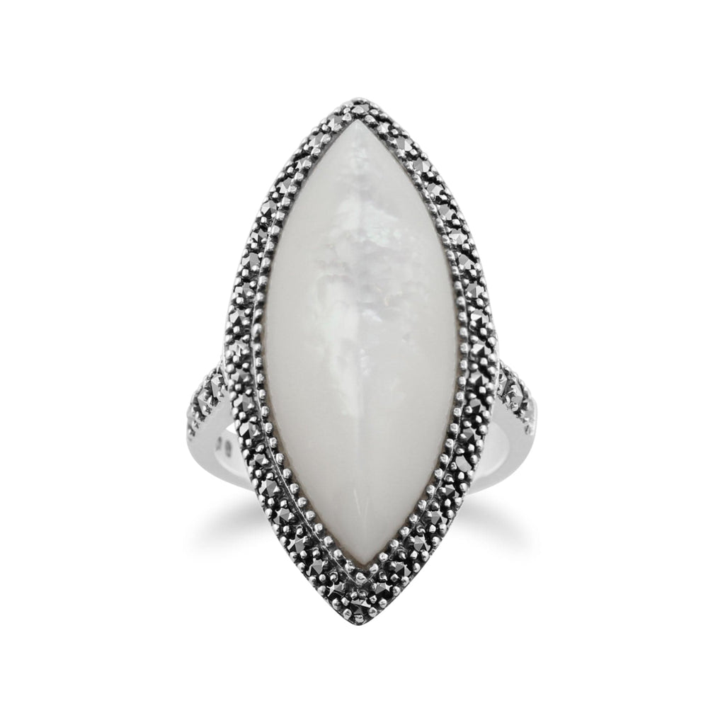 Art Deco Style Marquise Mother Pearl & Marcasite Statement Ring