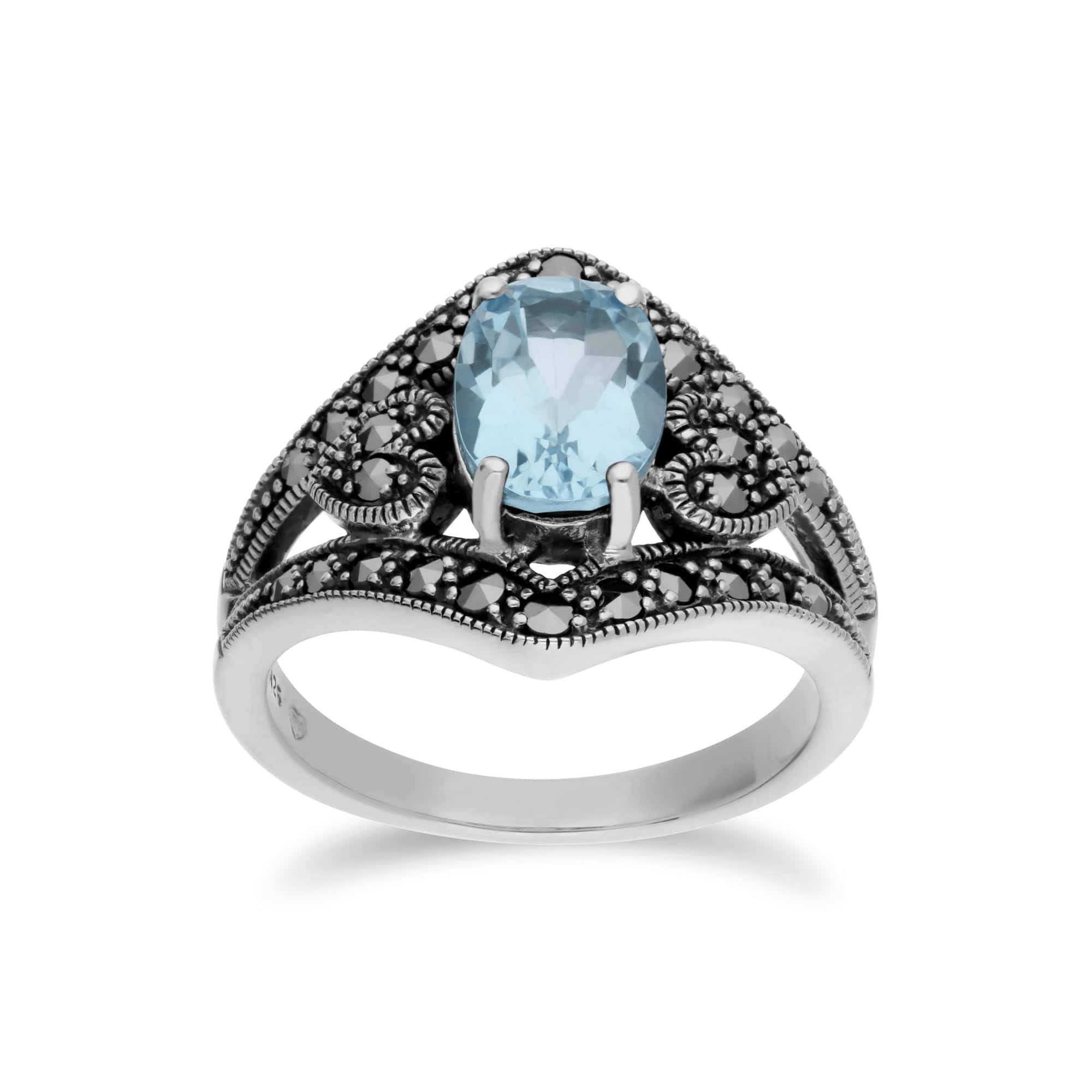 Art Deco Style Oval Blue Topaz & Marcasite in 925 Sterling Silver - Gemondo