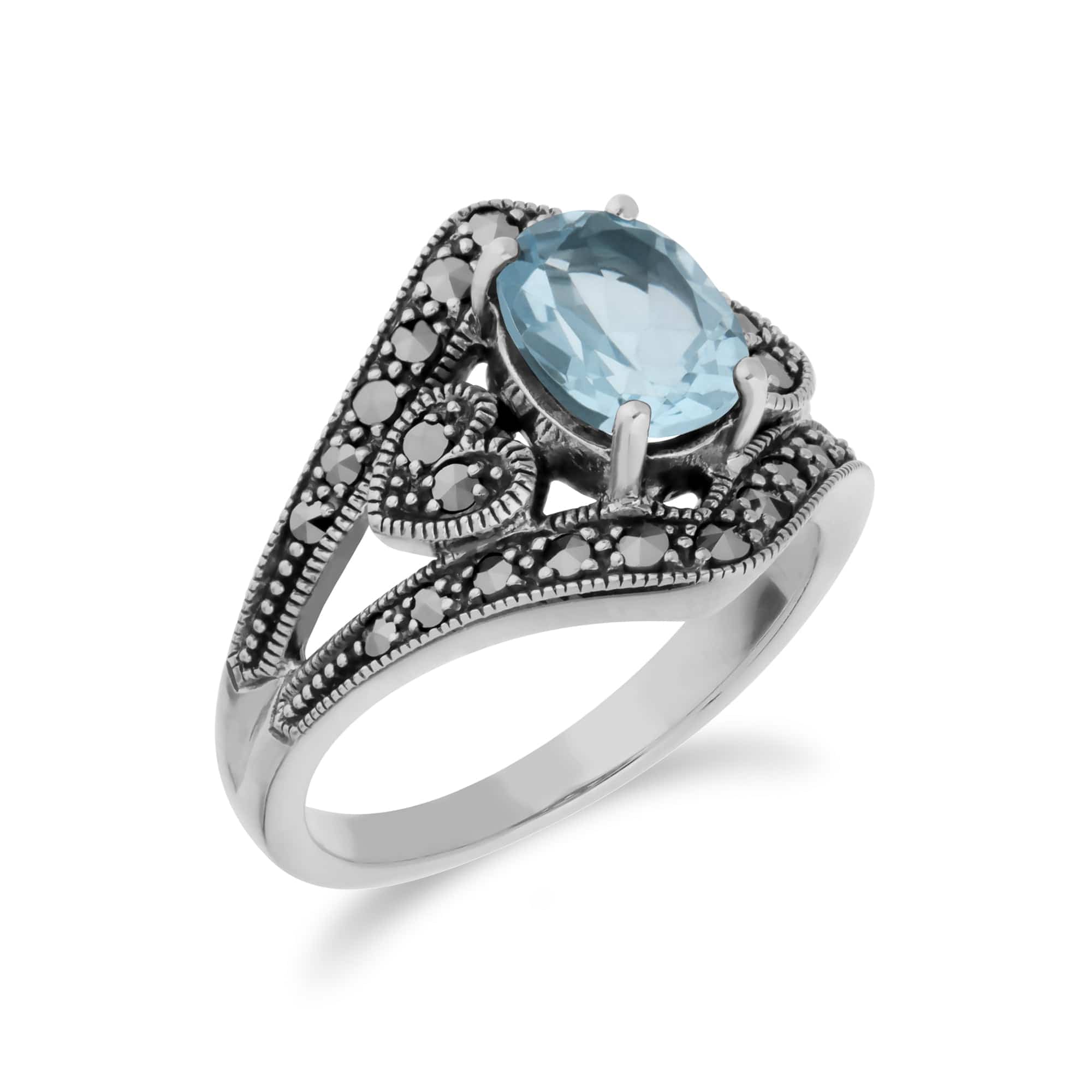 Art Deco Style Oval Blue Topaz & Marcasite in 925 Sterling Silver - Gemondo