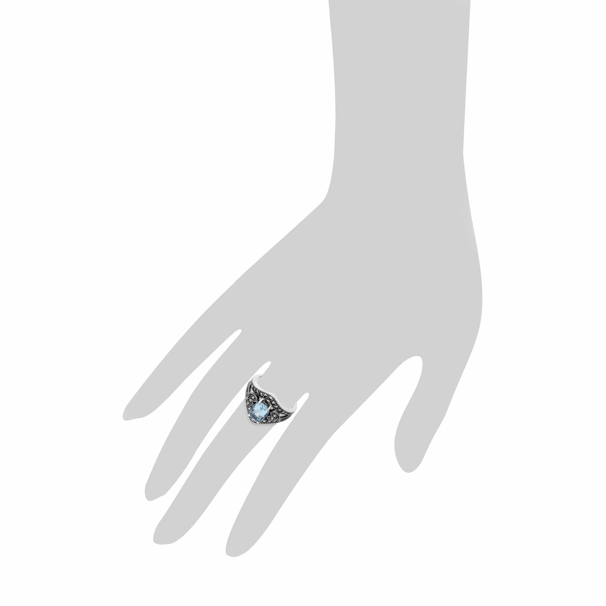 Art Deco Style Oval Blue Topaz & Marcasite in 925 Sterling Silver - Gemondo