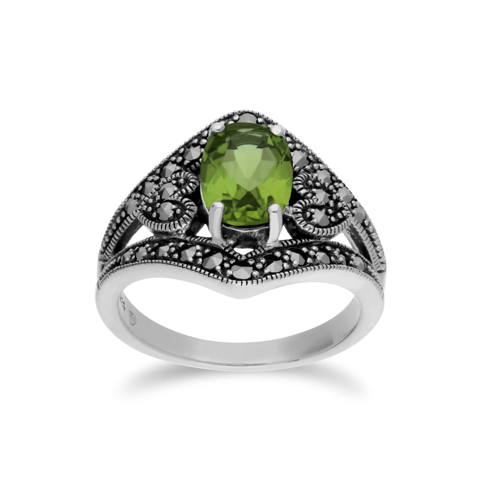 214R404904925 Art Deco Style Oval Peridot & Marcasite in 925 Sterling Silver 1