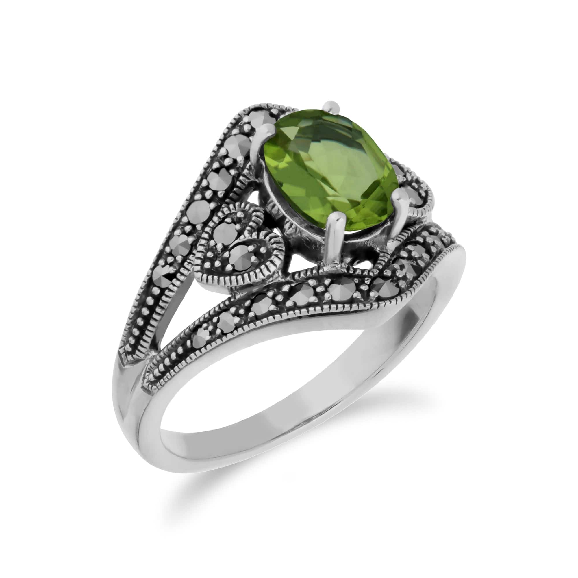 214R404904925 Art Deco Style Oval Peridot & Marcasite in 925 Sterling Silver 2