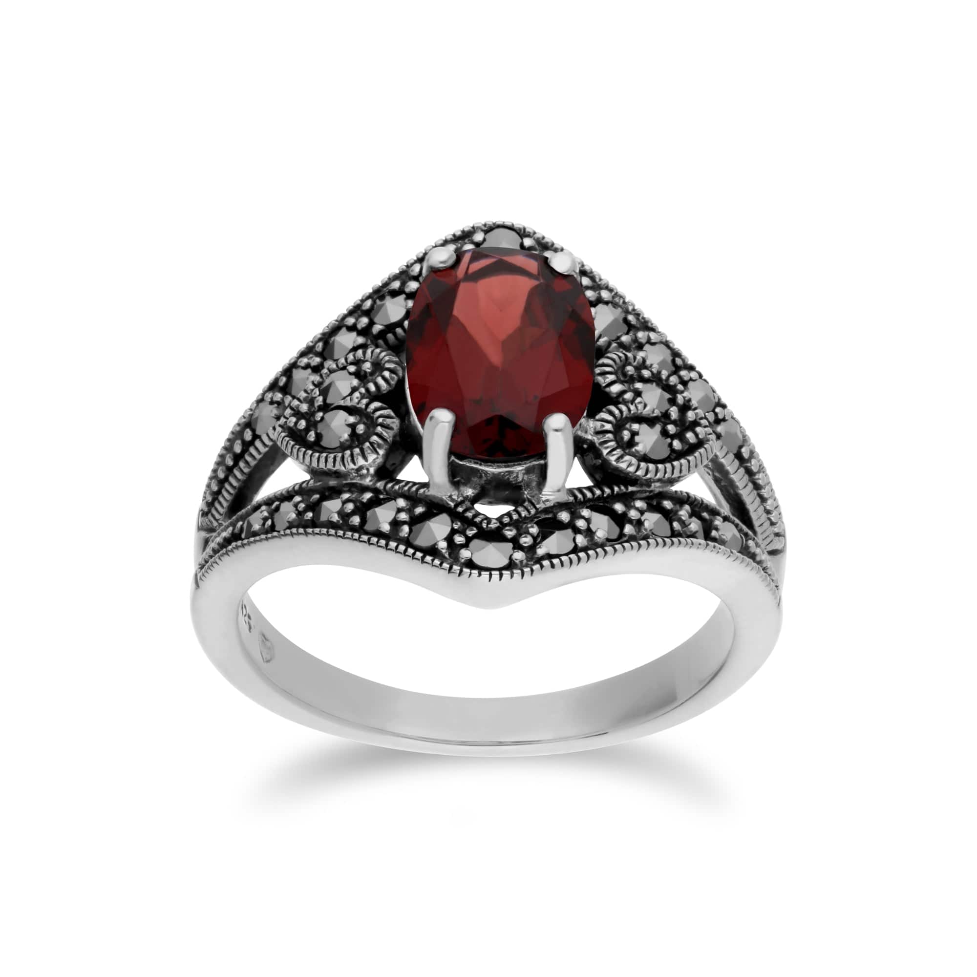 Art Deco Style Oval Garnet & Marcasite in 925 Sterling Silver - Gemondo