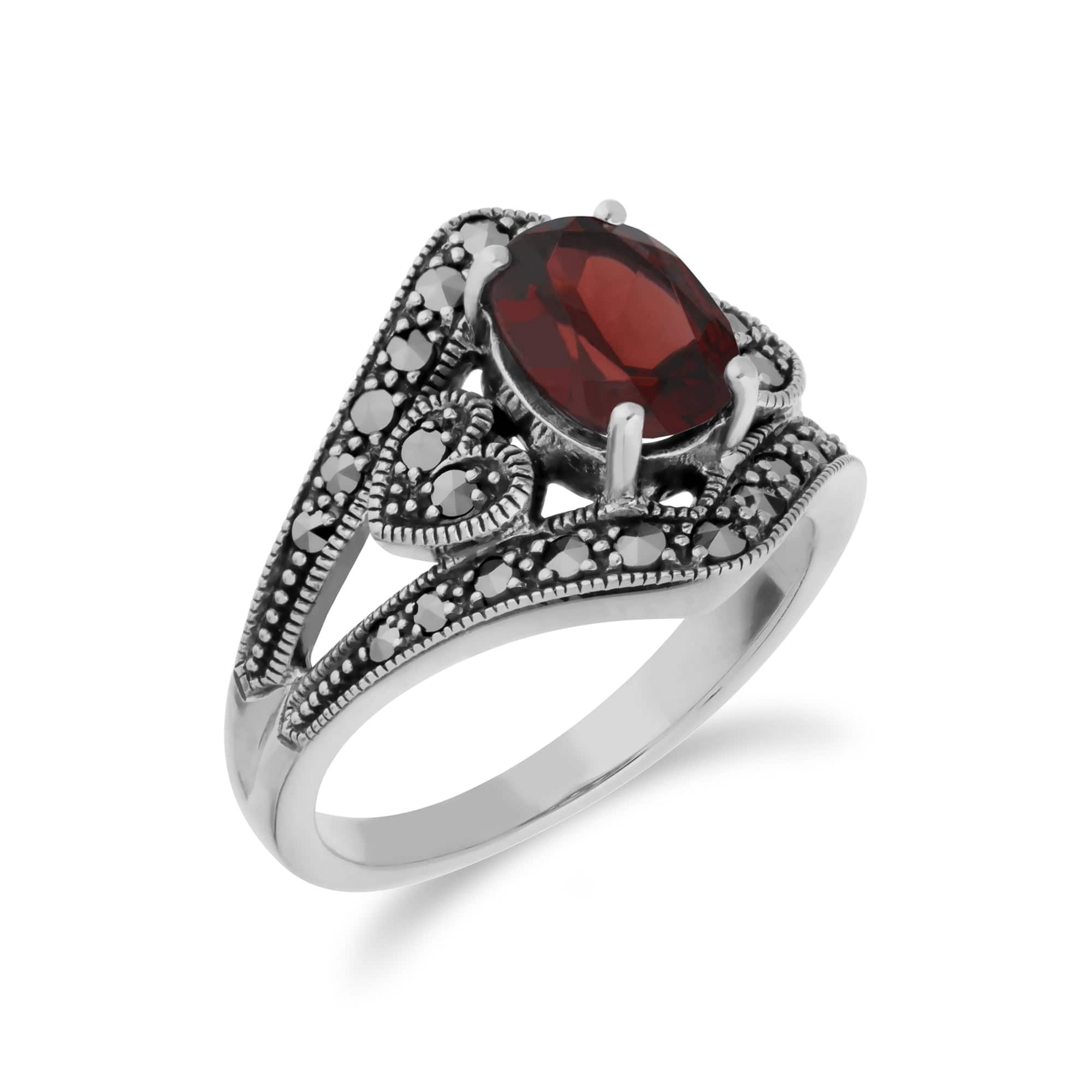 Art Deco Style Oval Garnet & Marcasite in 925 Sterling Silver - Gemondo