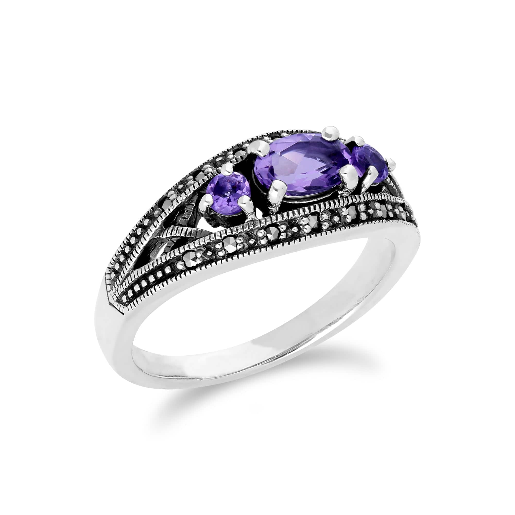 Art Deco Style Oval Amethyst & Marcasite Three Stone Ring in 925 Sterling Silver - Gemondo