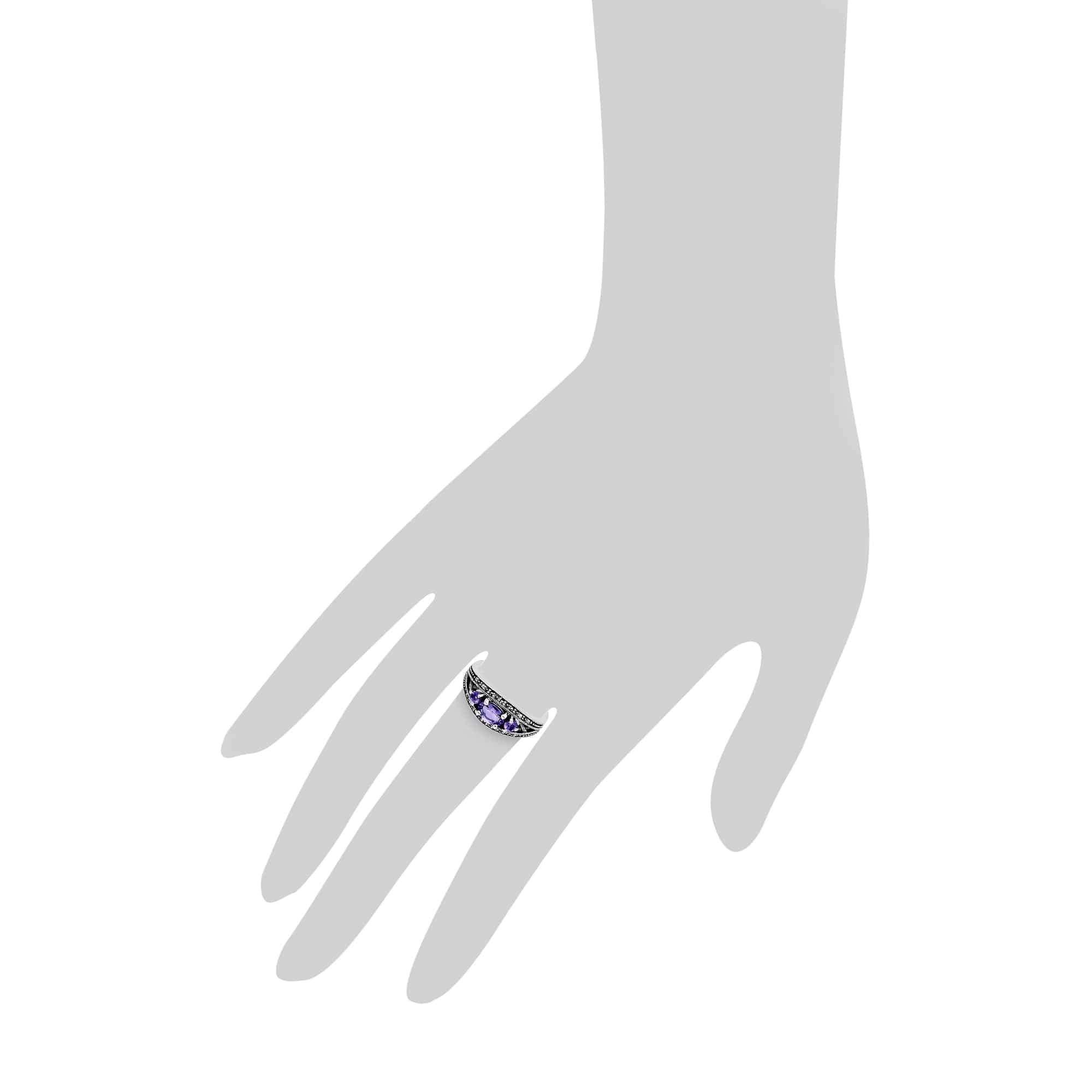 Art Deco Style Oval Amethyst & Marcasite Three Stone Ring in 925 Sterling Silver - Gemondo