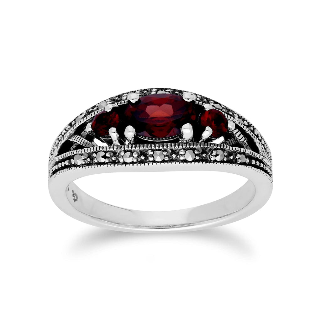 Art Deco Style Oval Garnet & Marcasite Three Stone Ring 925 Sterling