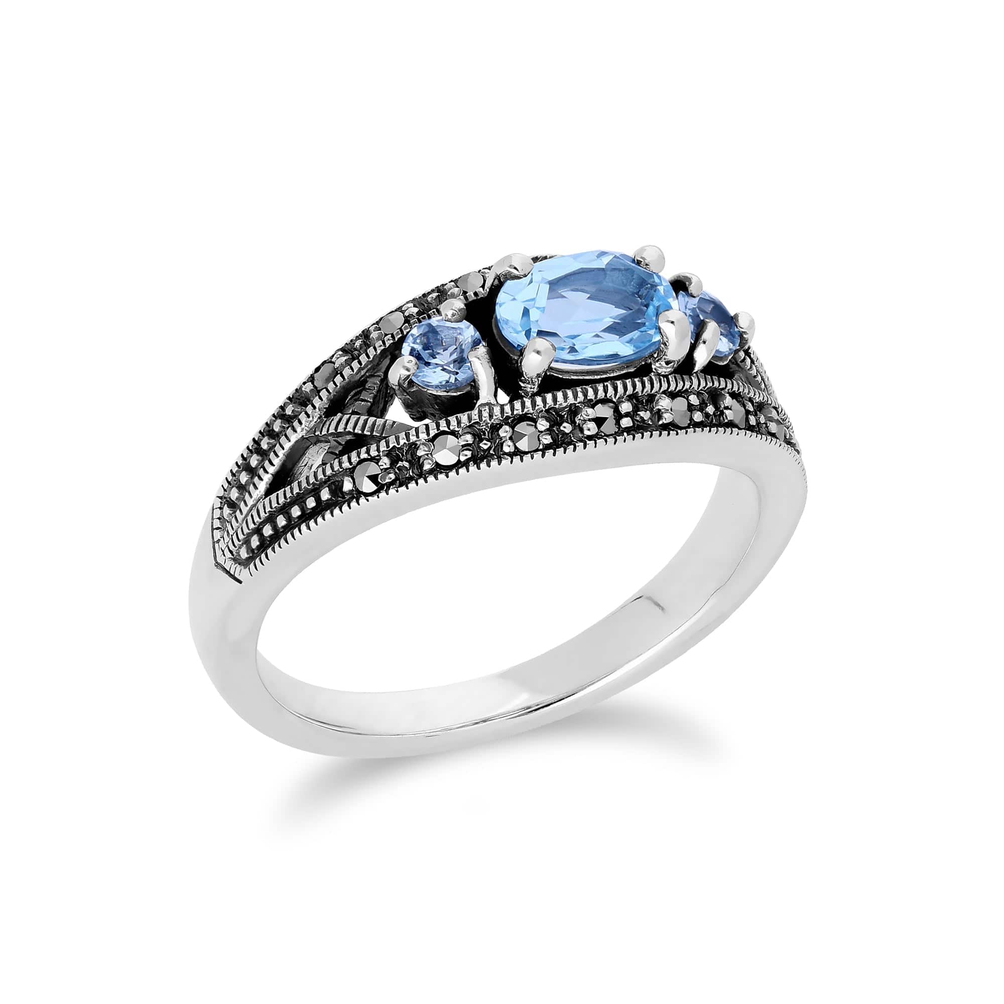 Art Deco Style Oval Blue Topaz & Marcasite Three Stone Ring in 925 Sterling Silver - Gemondo